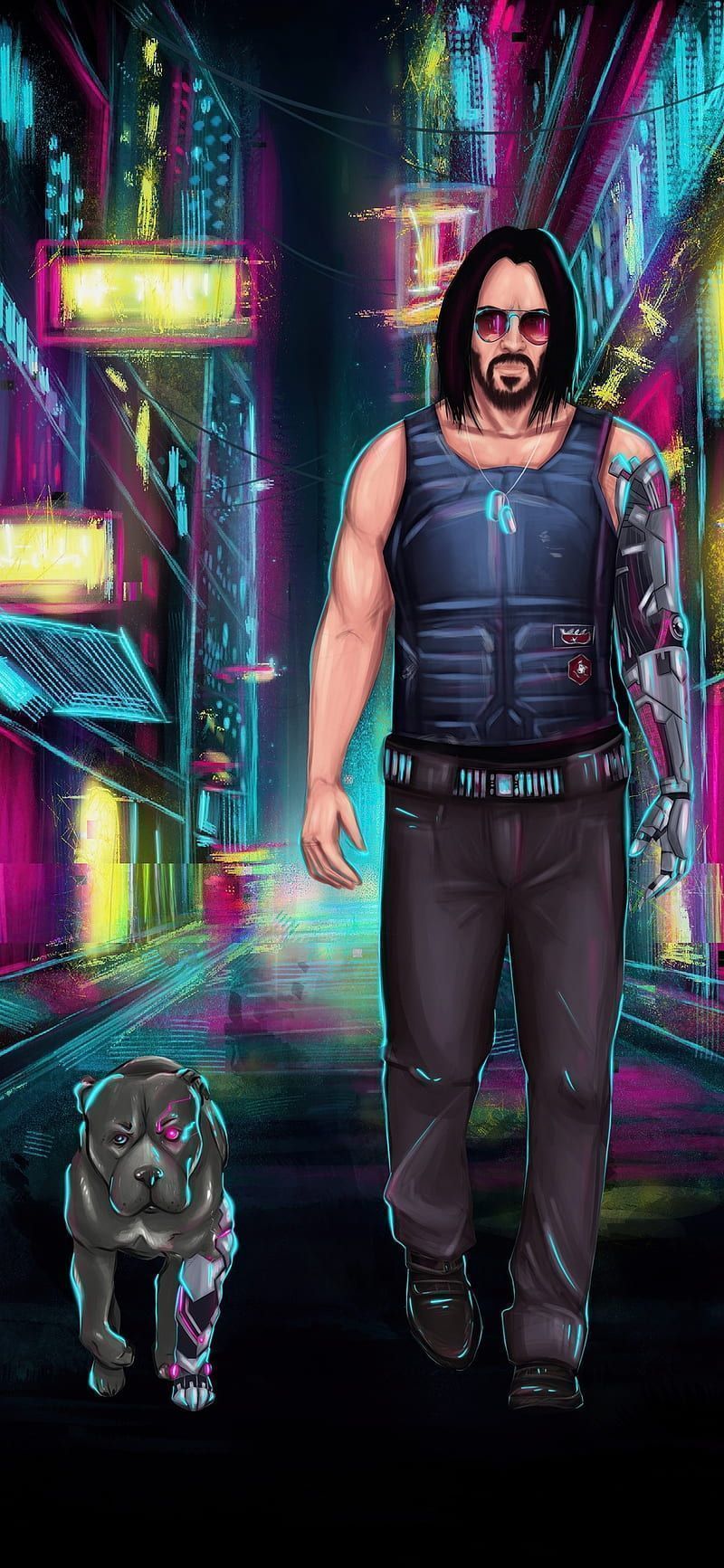 A Cyberpunk 2077 wallpaper of Roman Reigns and his dog. - John Wick