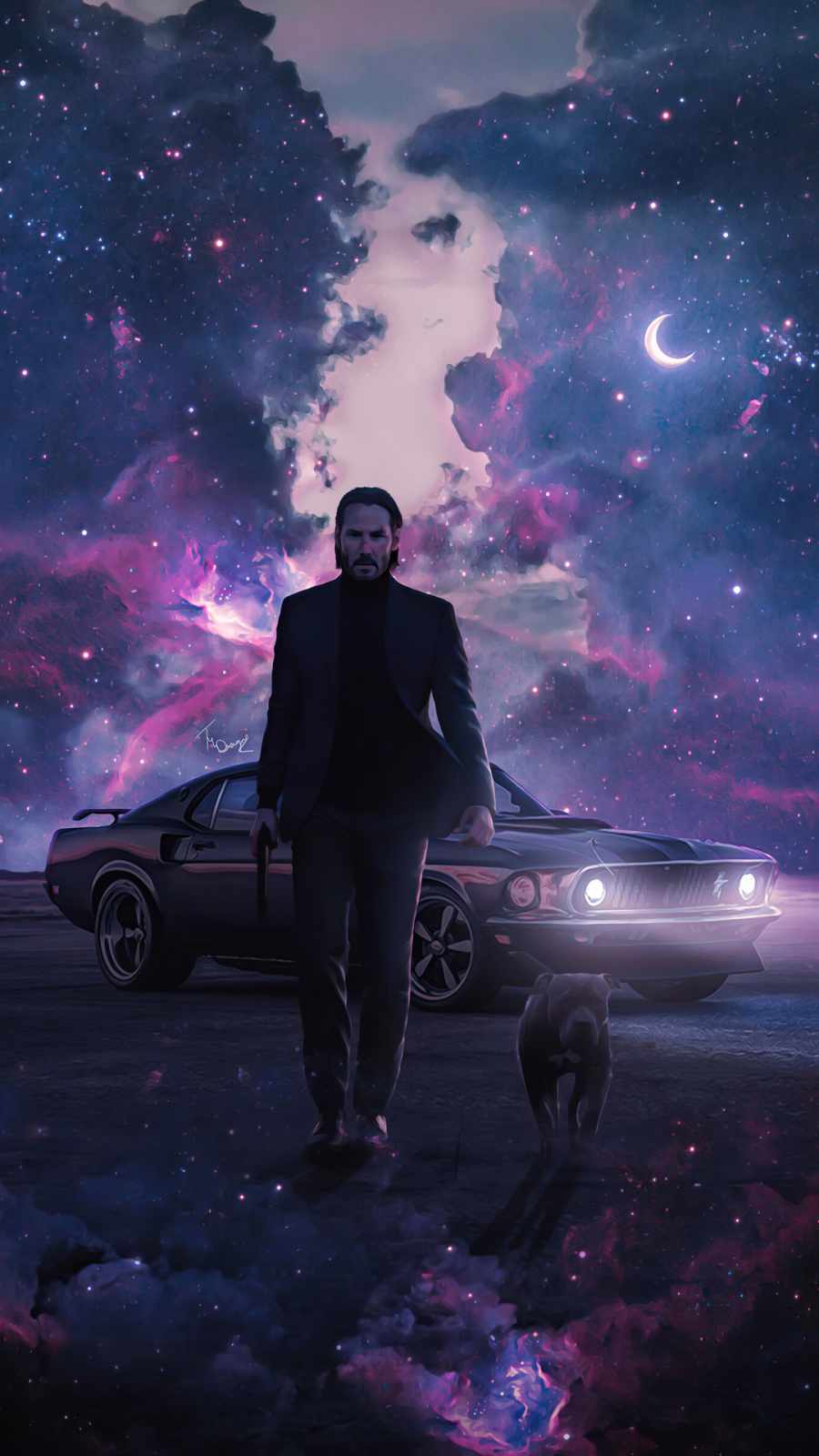 A man walking in front of a car in a galaxy background - John Wick