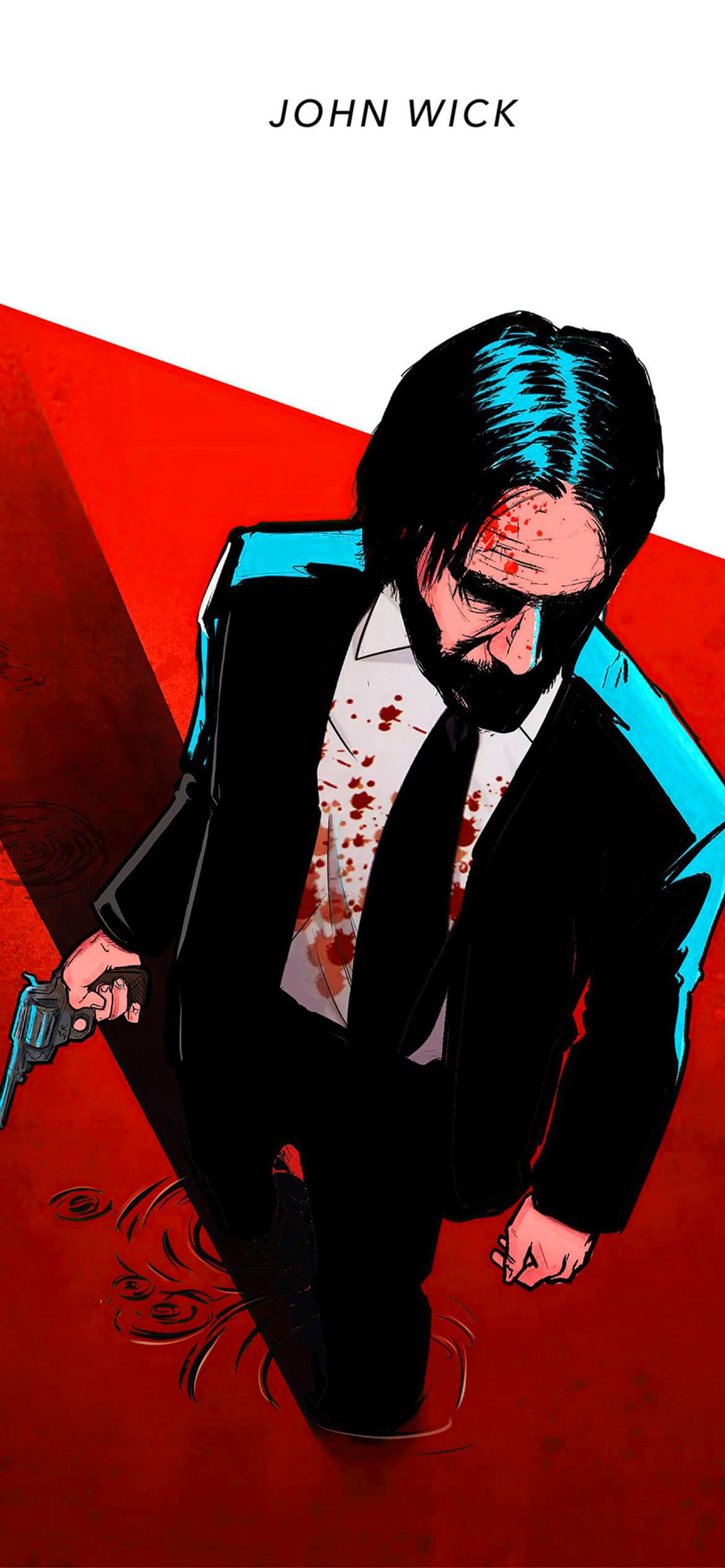 Iphone wallpaper of John Wick holding a gun with blood on his shirt - John Wick