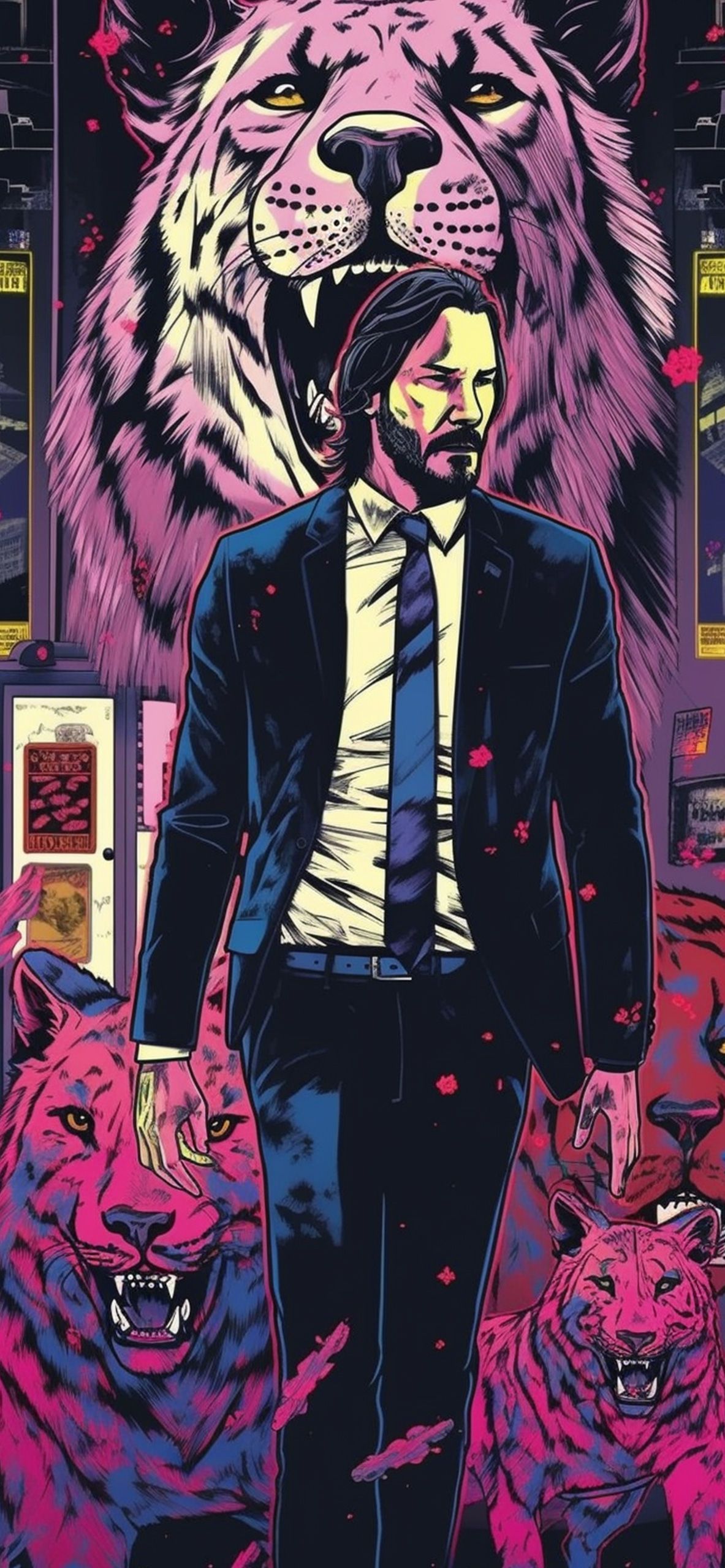 Keanu Reeves as John Wick, walking away from two tigers, in front of a pink tiger. - John Wick