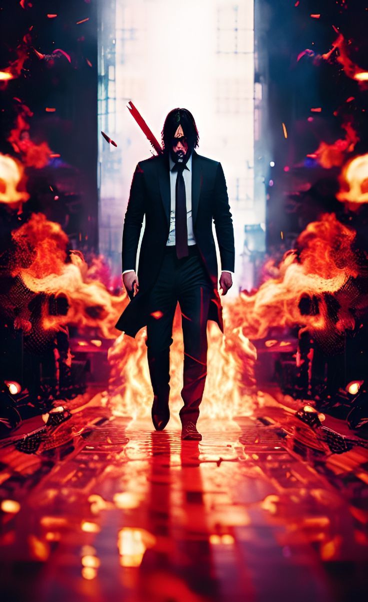 Keanu Reeves as John Wick walking down a street with fire on both sides of him - John Wick