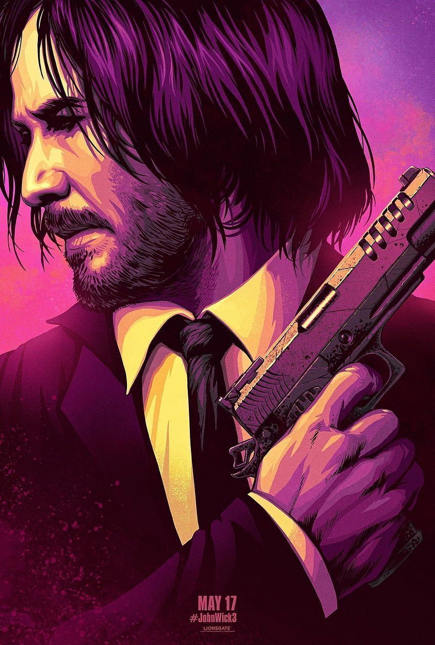 John Wick holding a gun in front of a purple and pink background - John Wick