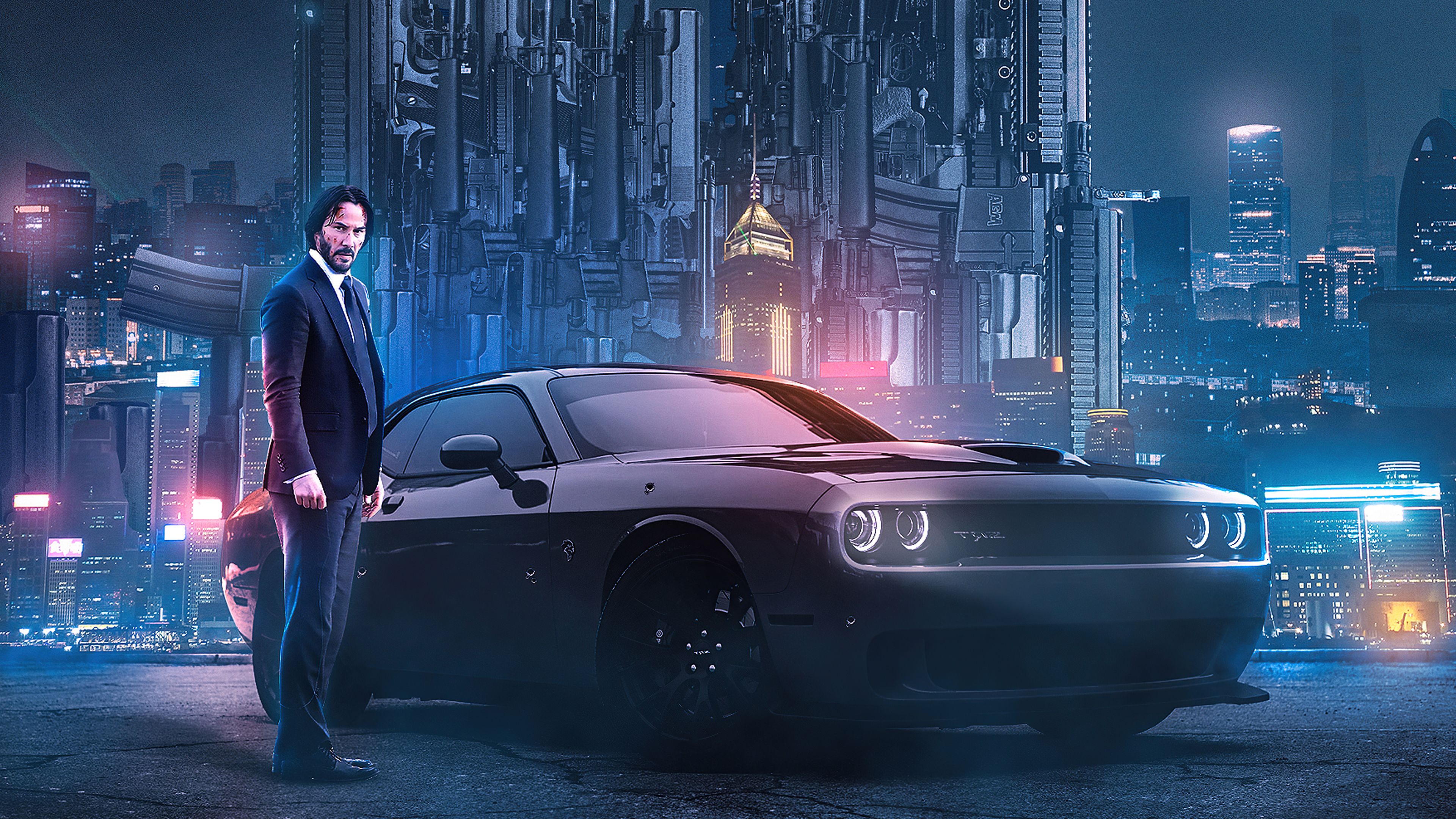 John Wick standing next to a car in a cyberpunk city - John Wick