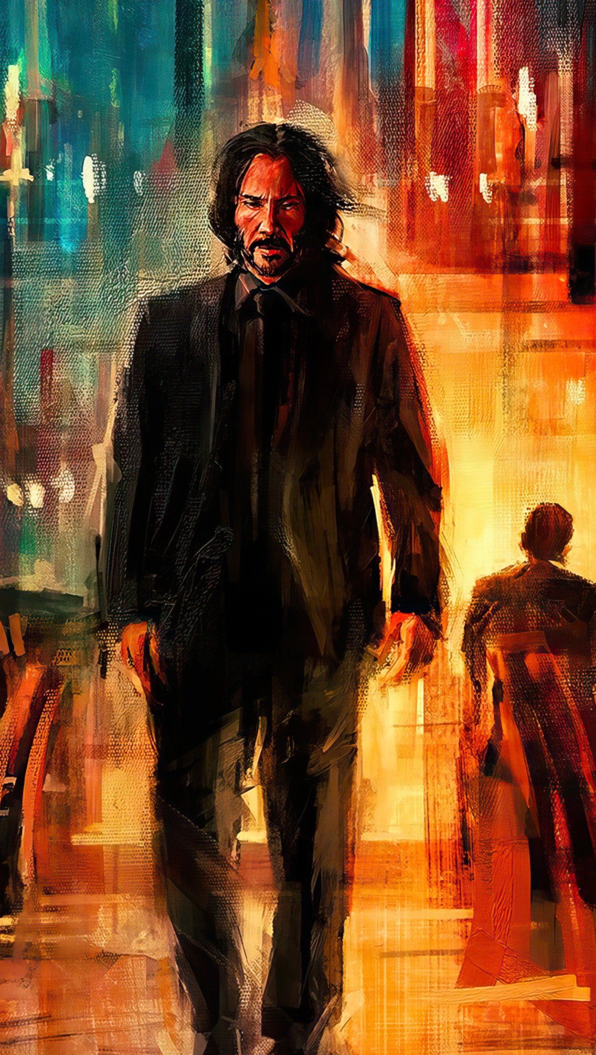 A painting of John Wick walking down a street with a knife in his hand. - John Wick