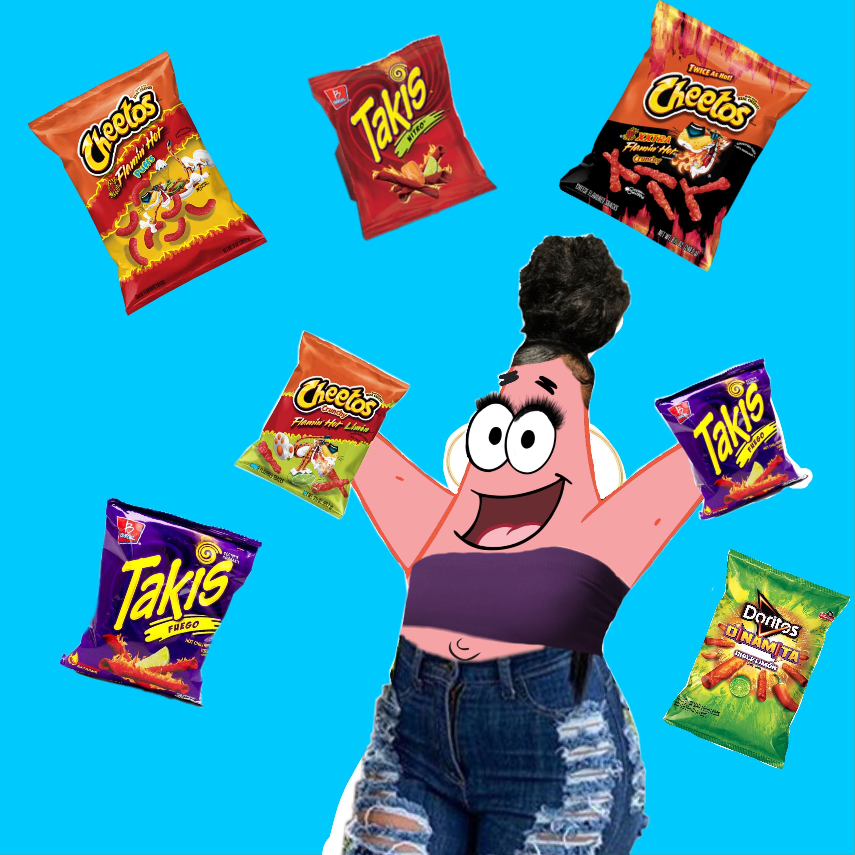 A cartoon character with black hair and a purple crop top with ripped jeans holding a bag of Takis on each hand. - Cheetos