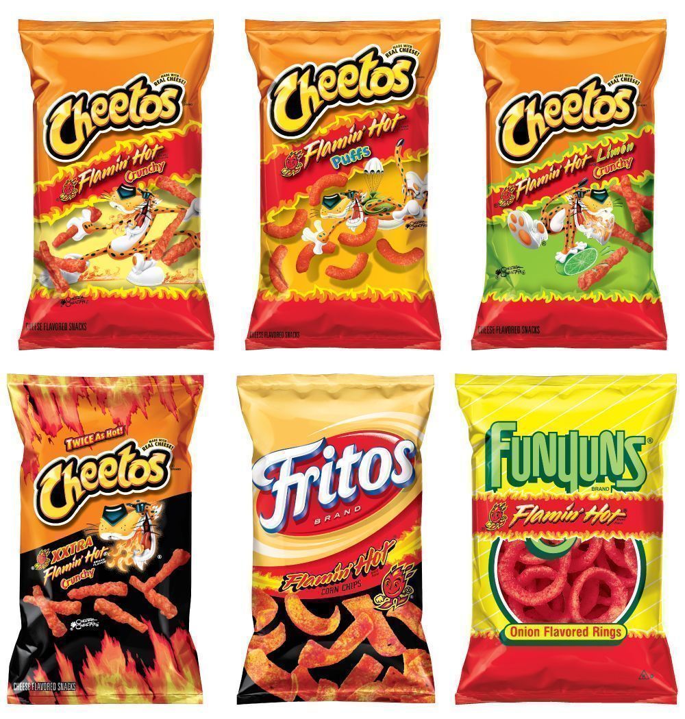 The image shows the different flavors of Fritos, Cheetos, and Funquins. - Cheetos