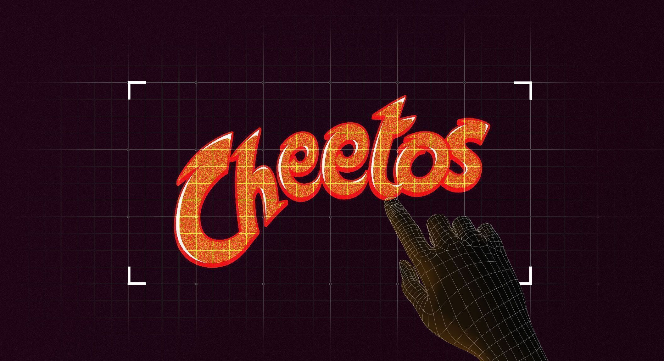 A hand with a grid over it is touching the Cheetos logo. - Cheetos