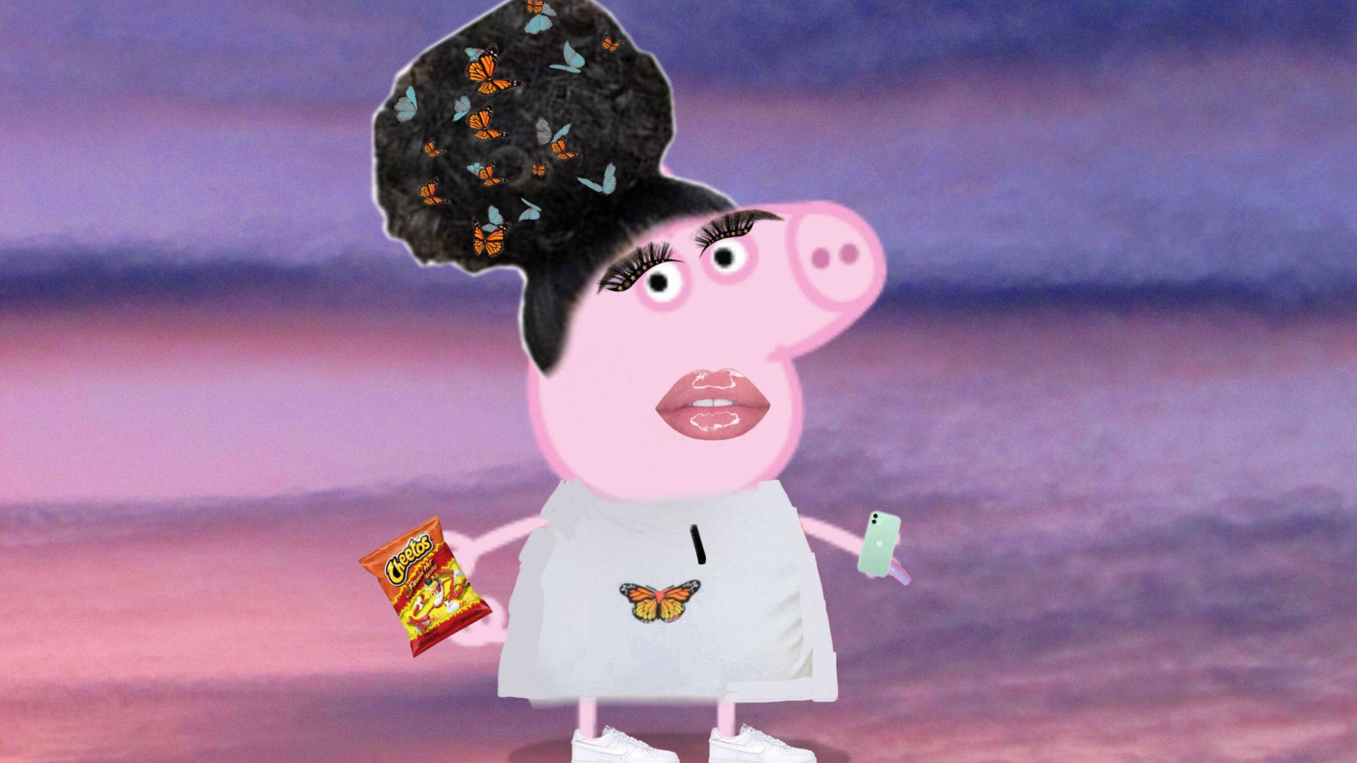 A digital collage of a pink pig head character holding a bag of cheetos and a smartphone. - Cheetos