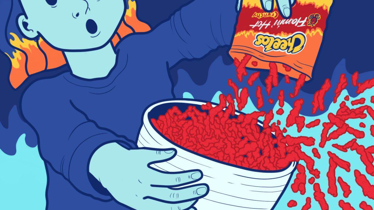 A cartoon of a man holding a bowl of flaming Cheetos. - Cheetos