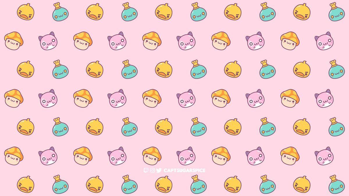 A pattern of kawaii duck faces in pastel colors on a pink background - OwO