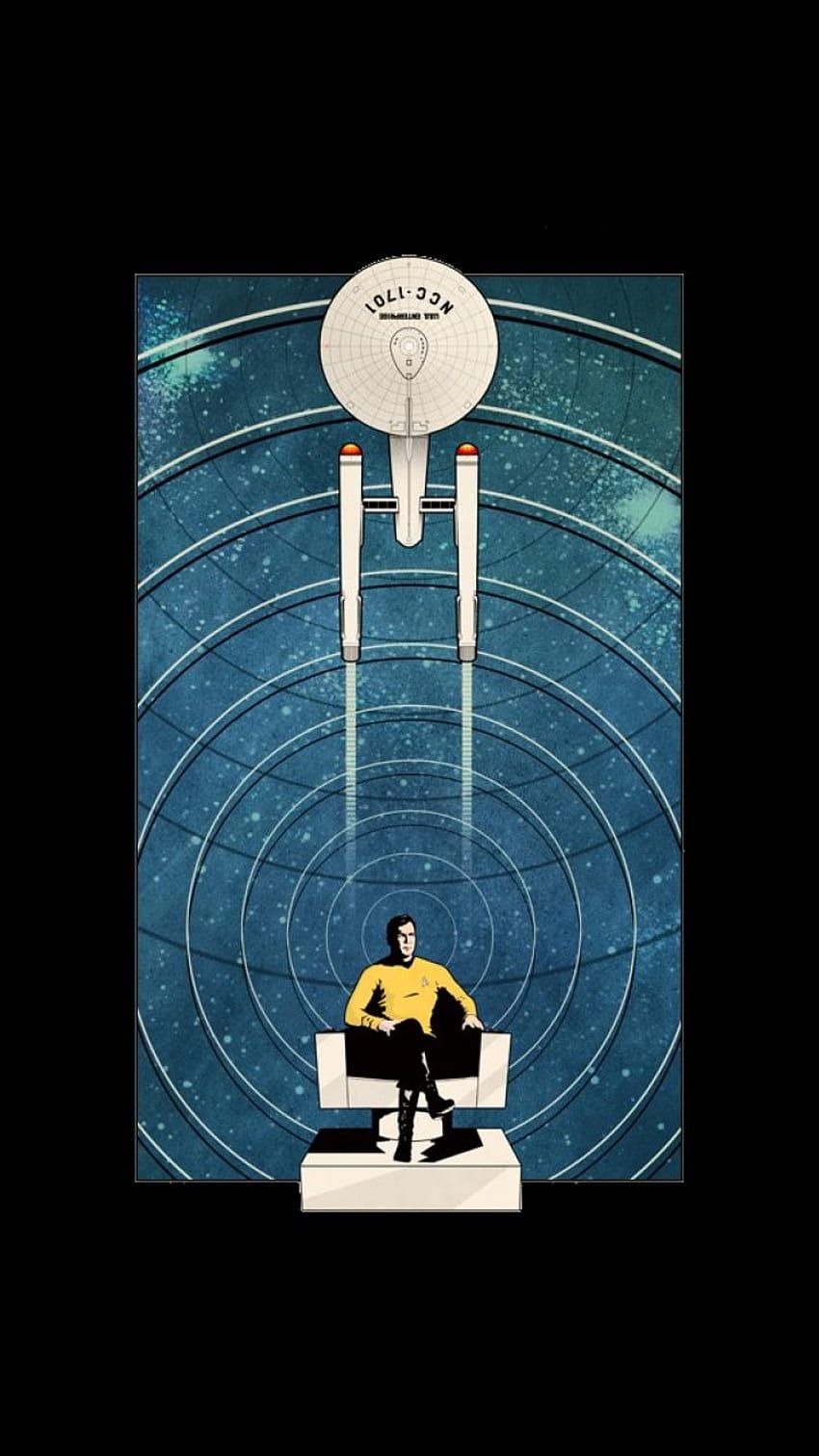 Captain Kirk sitting on a chair in front of a spaceship - Star Trek