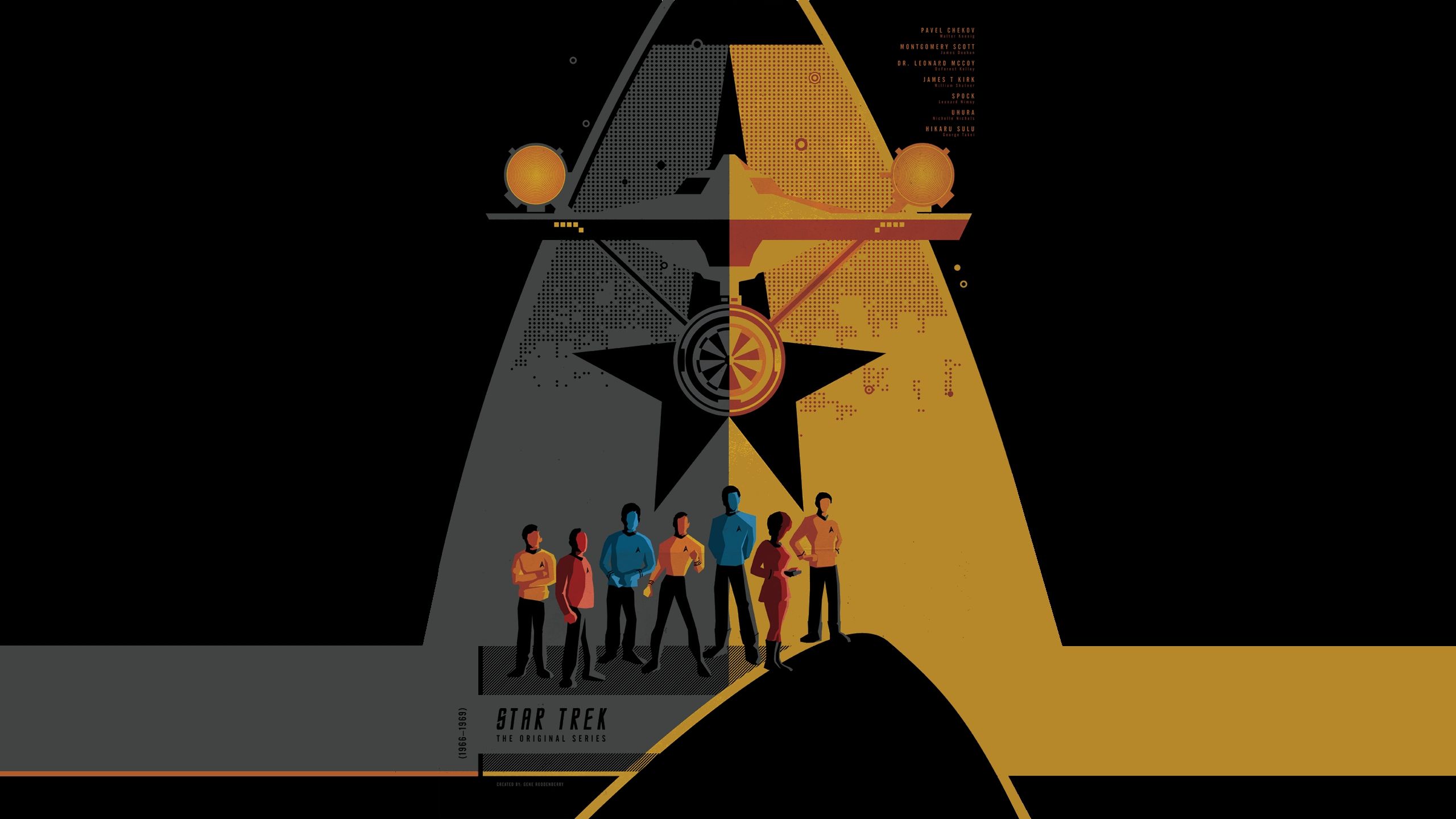 A stylized poster of the crew of the Starship Enterprise standing in front of the Enterprise. - Star Trek