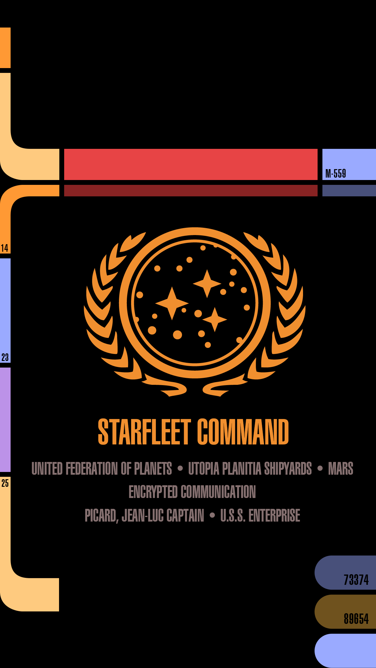A black background with a red and orange gradient on the top. The Starfleet Command logo is in the center. The bottom has the name of the series and episode. - Star Trek