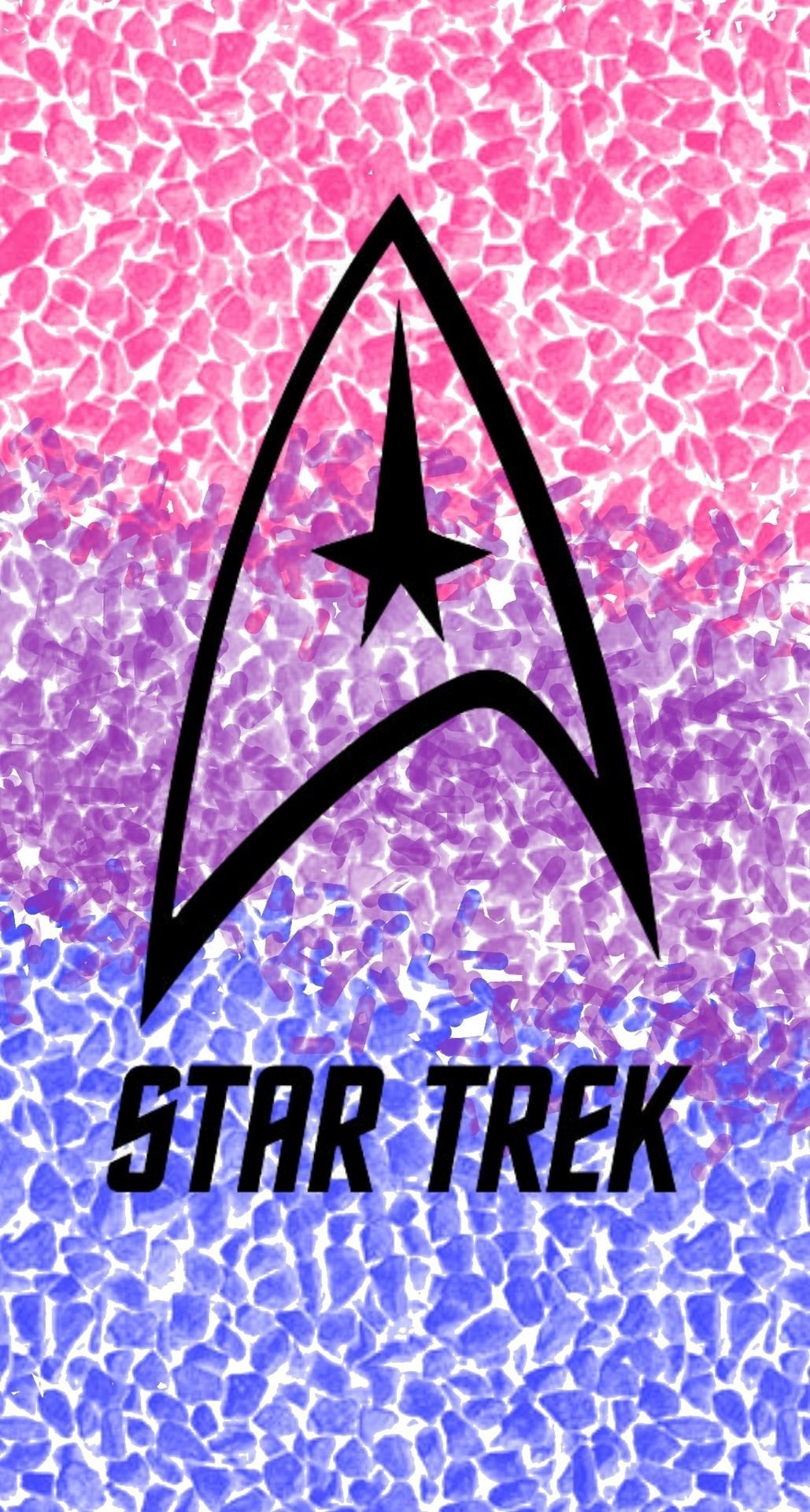 A cell phone wallpaper of the Star Trek logo on a pink and blue background - Star Trek