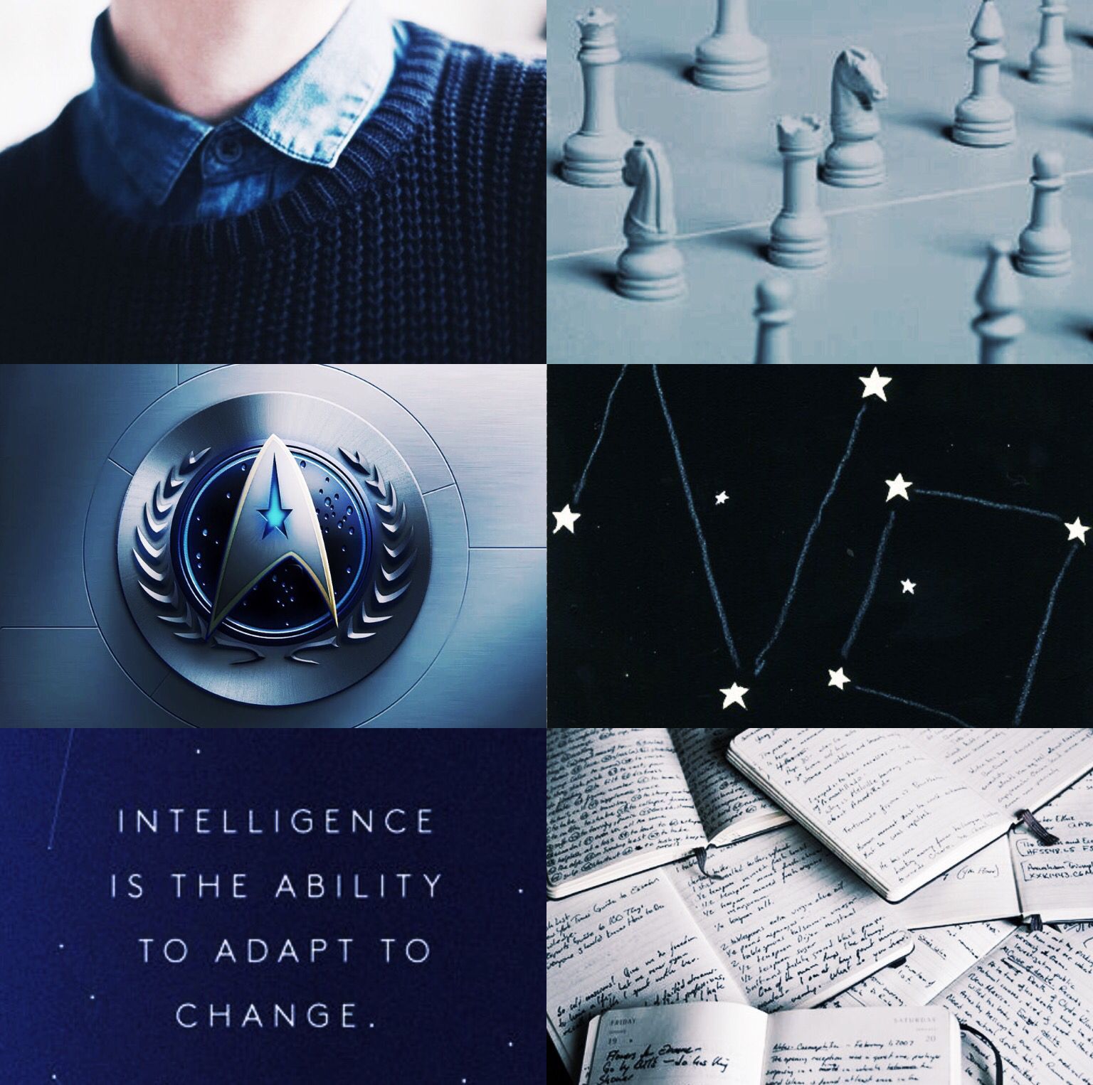 A blue and white collage with a Starfleet crest, chess pieces, a notebook, and a quote reading 