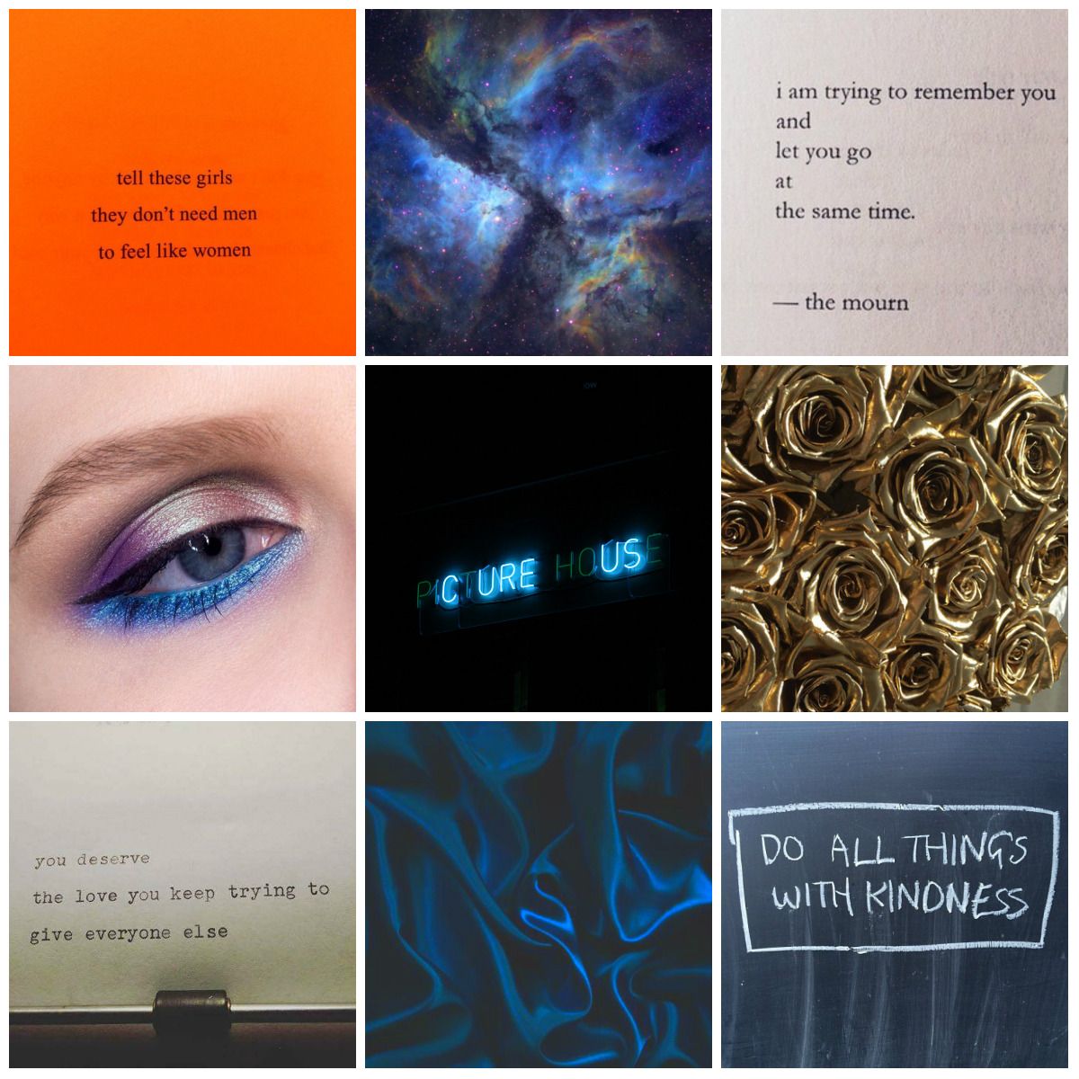 A collage of nine photos, including a galaxy background, a quote from The Mourn, a gold rose illustration, and a blue eye with a galaxy eyeliner. - Star Trek