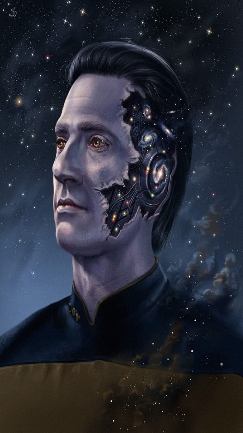 Portrait of Data from Star Trek: The Next Generation, with his cybernetic side showing a map of the Milky Way galaxy - Star Trek