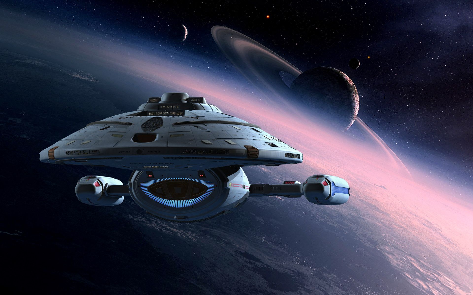 A ship in space with a planet in the background - Star Trek