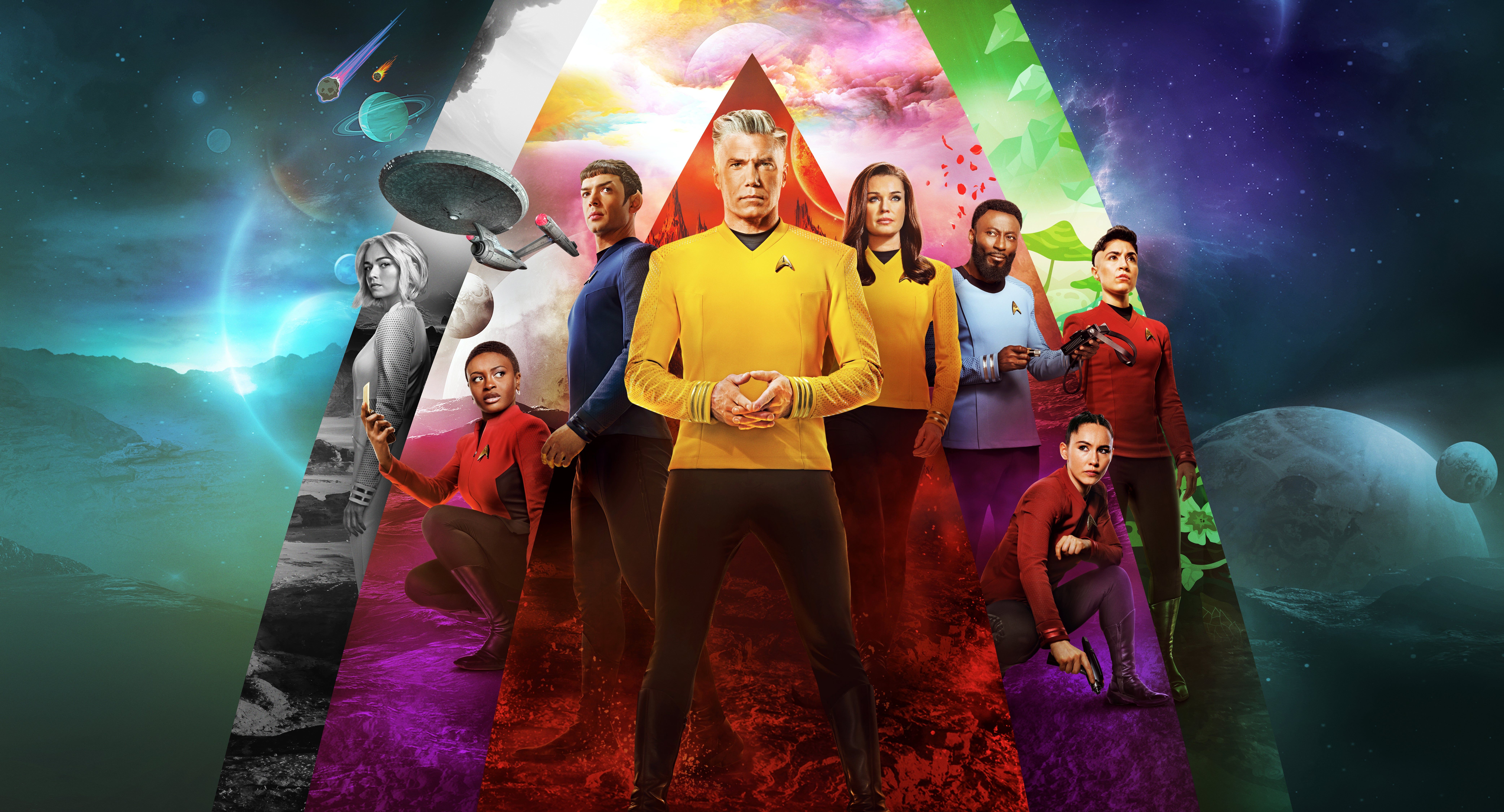 A promotional image for Star Trek: Discovery Season 3, featuring Captain Pike and the rest of the Discovery crew standing in front of a rainbow triangle. - Star Trek