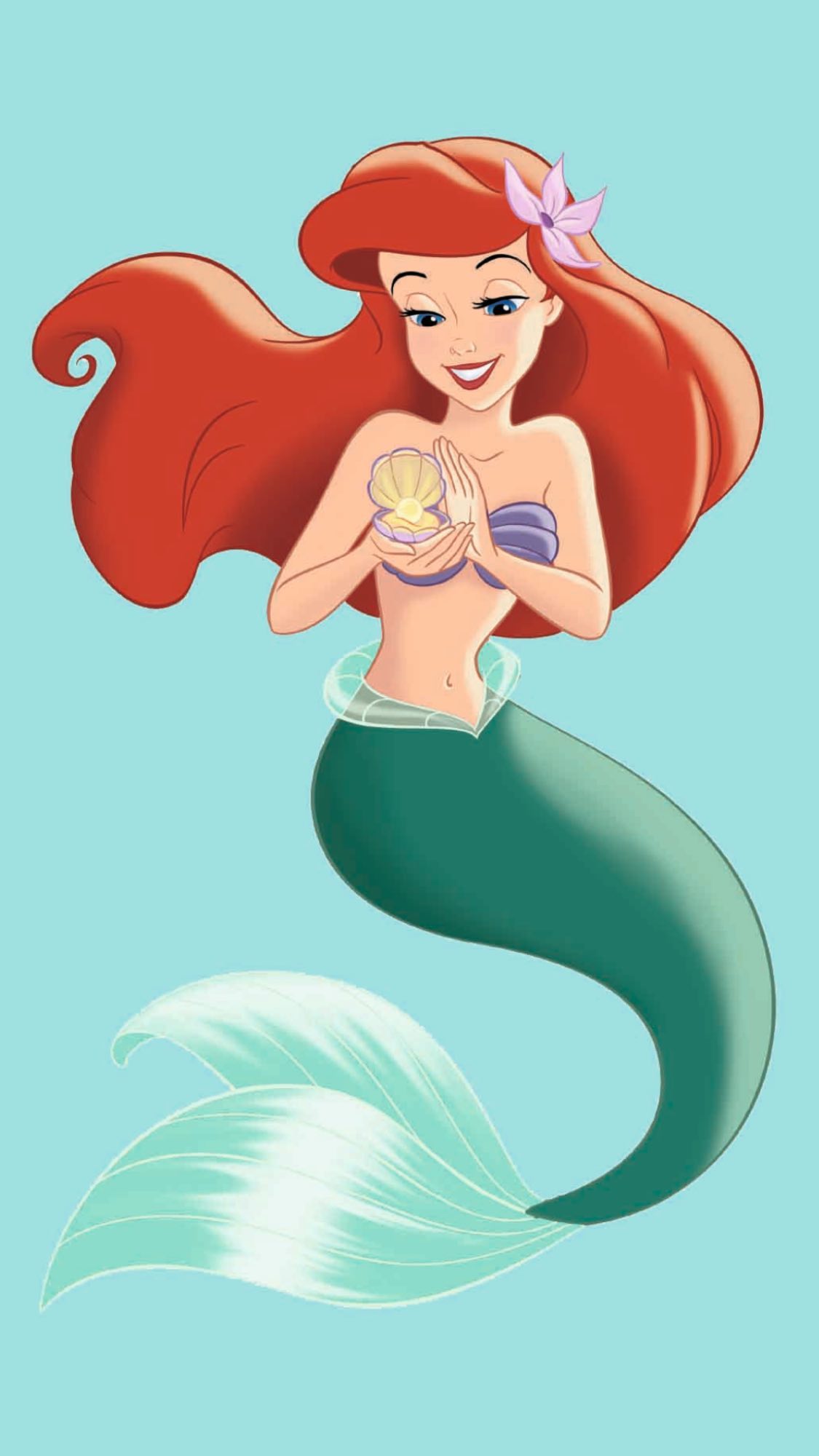 Ariel from The Little Mermaid. She is a mermaid with red hair and a green tail. She is holding a shell and has a flower in her hair. - Ariel