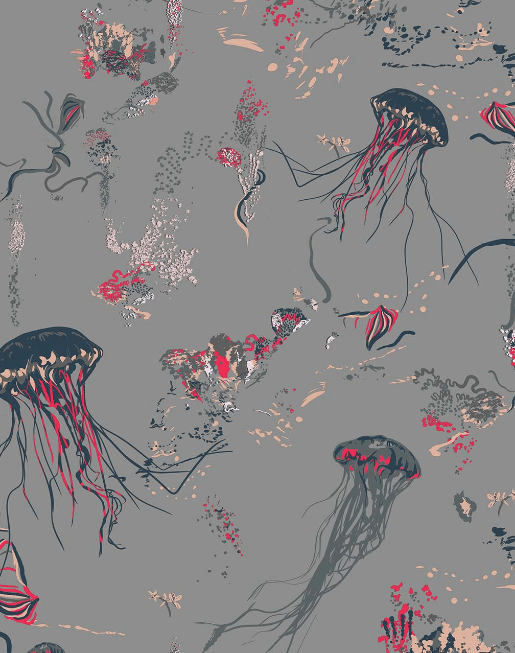 A pattern of jellyfish and coral in shades of grey, pink and red. - Jellyfish