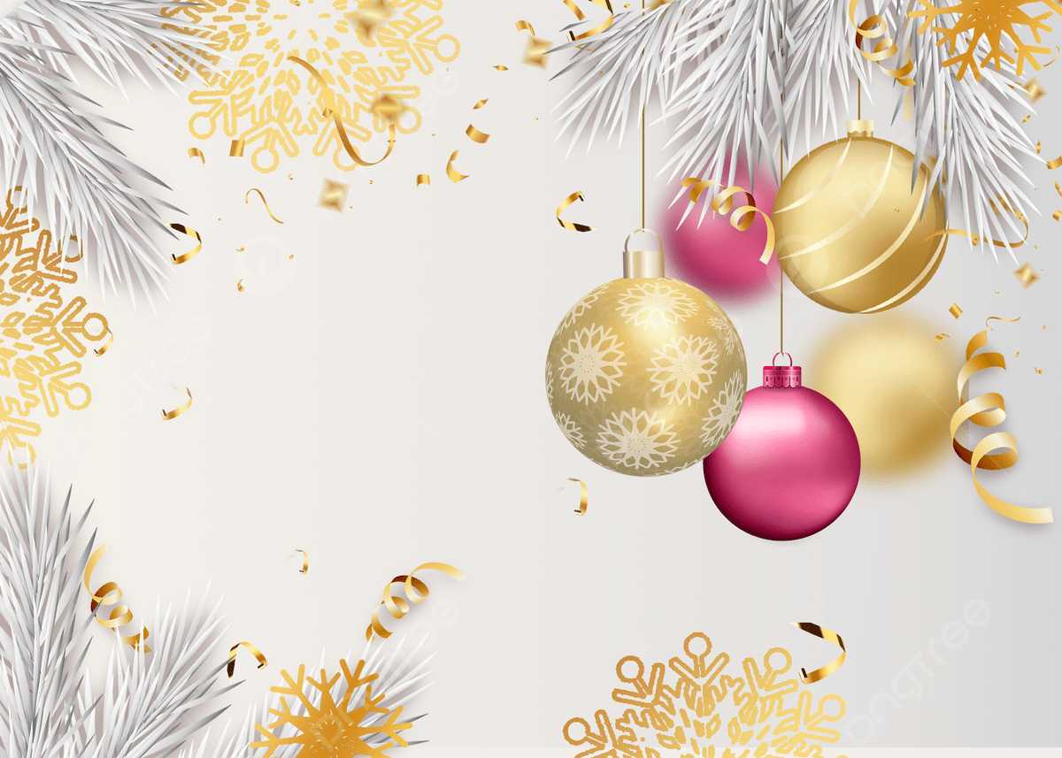 Christmas background with golden and pink balls, white branches of a Christmas tree and golden confetti. - White Christmas