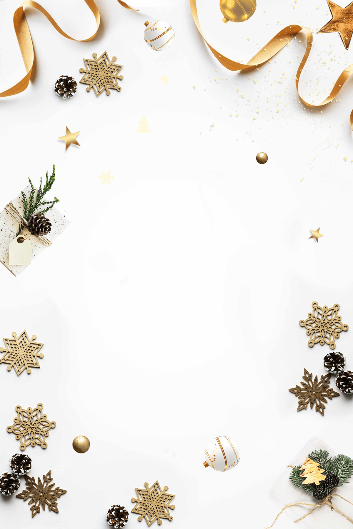 A white background with gold Christmas decorations including gold snowflakes, gold stars, gold ribbon and gold bells. - White Christmas