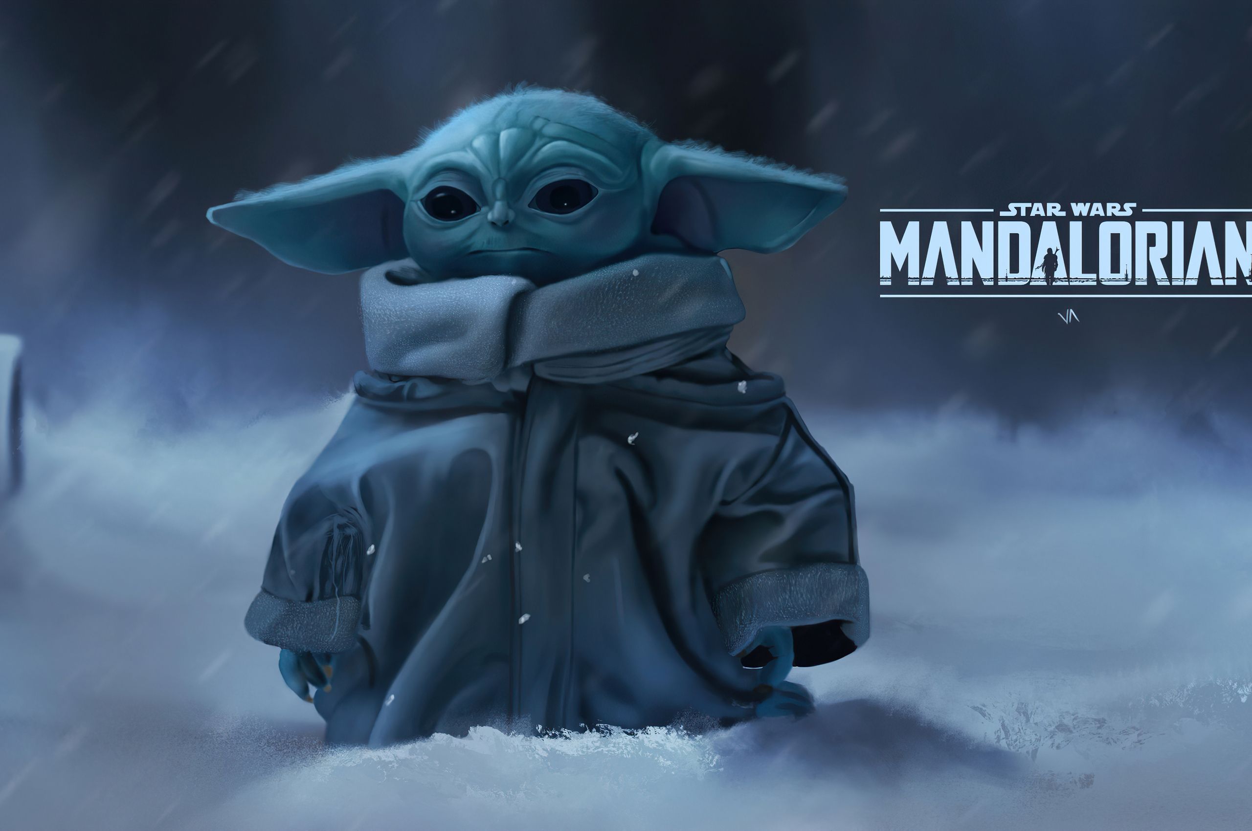 The Child from The Mandalorian in the snow - Baby Yoda