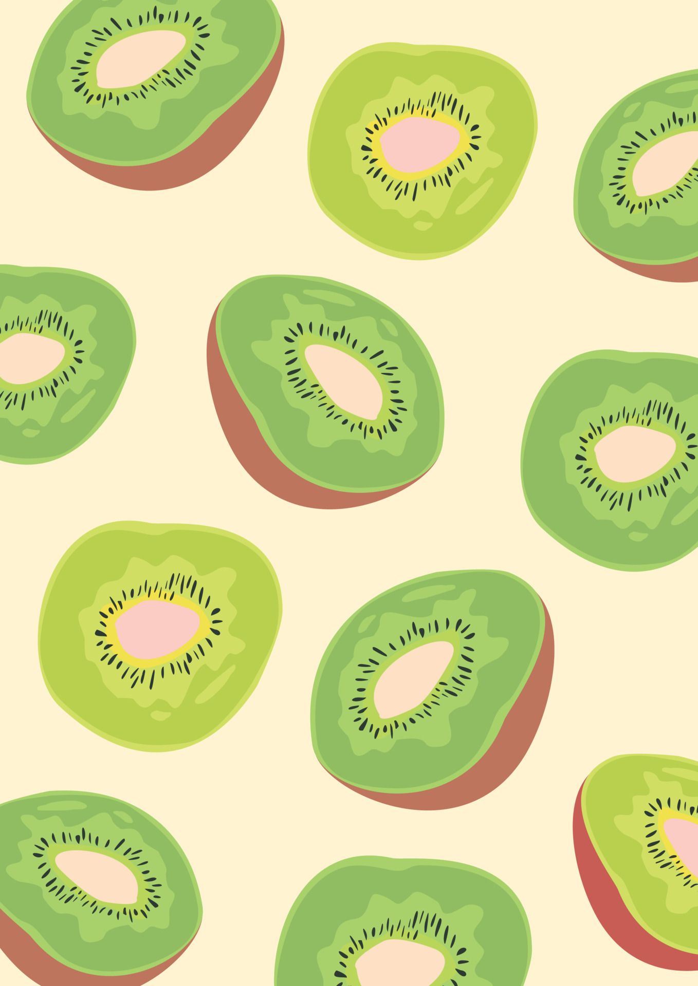 A pattern of green and brown kiwi slices on a yellow background - Kiwi