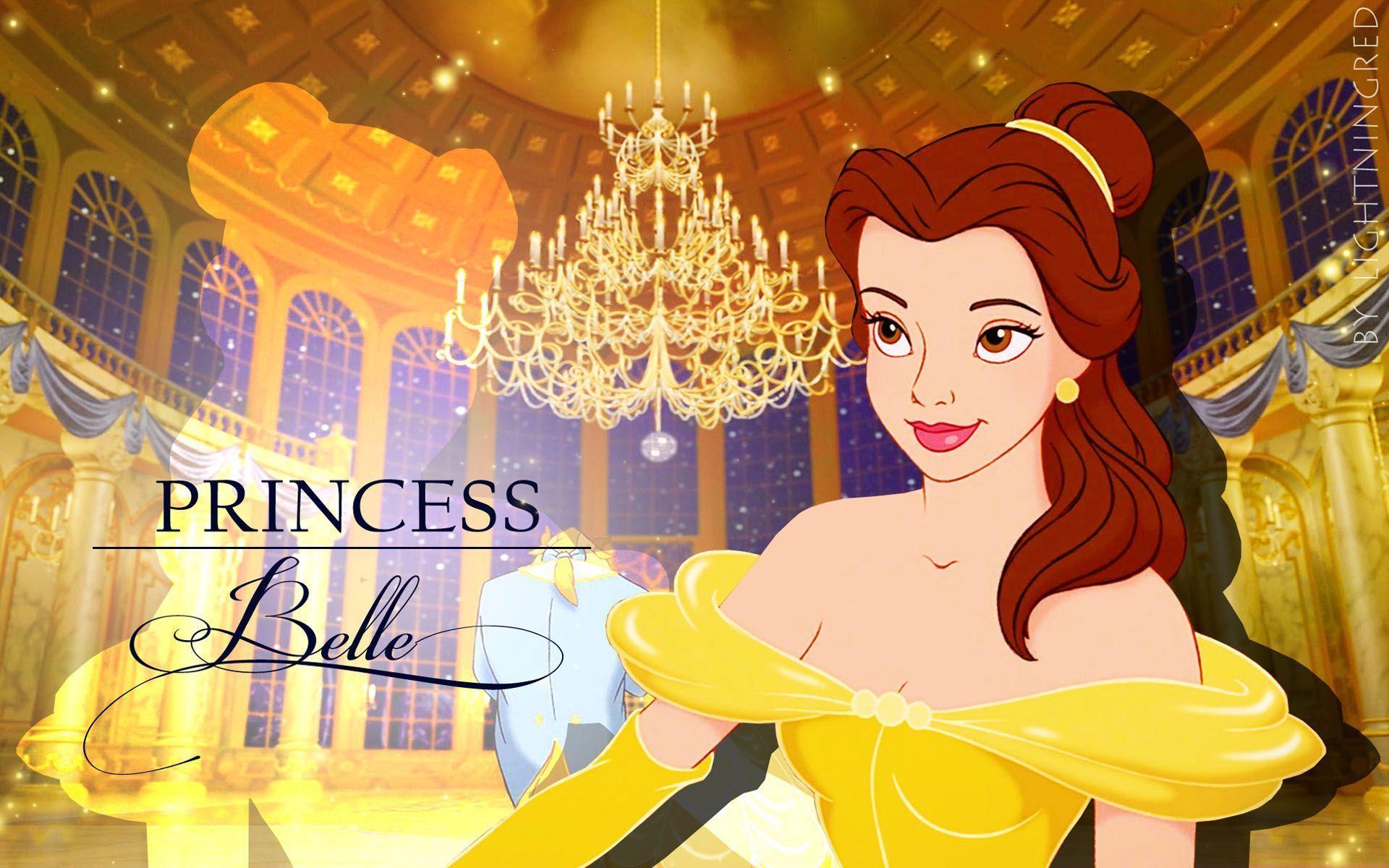 Princess Belle from Beauty and the Beast. She is wearing a yellow dress and has a yellow ribbon in her hair. She is holding a crystal ball. - Belle