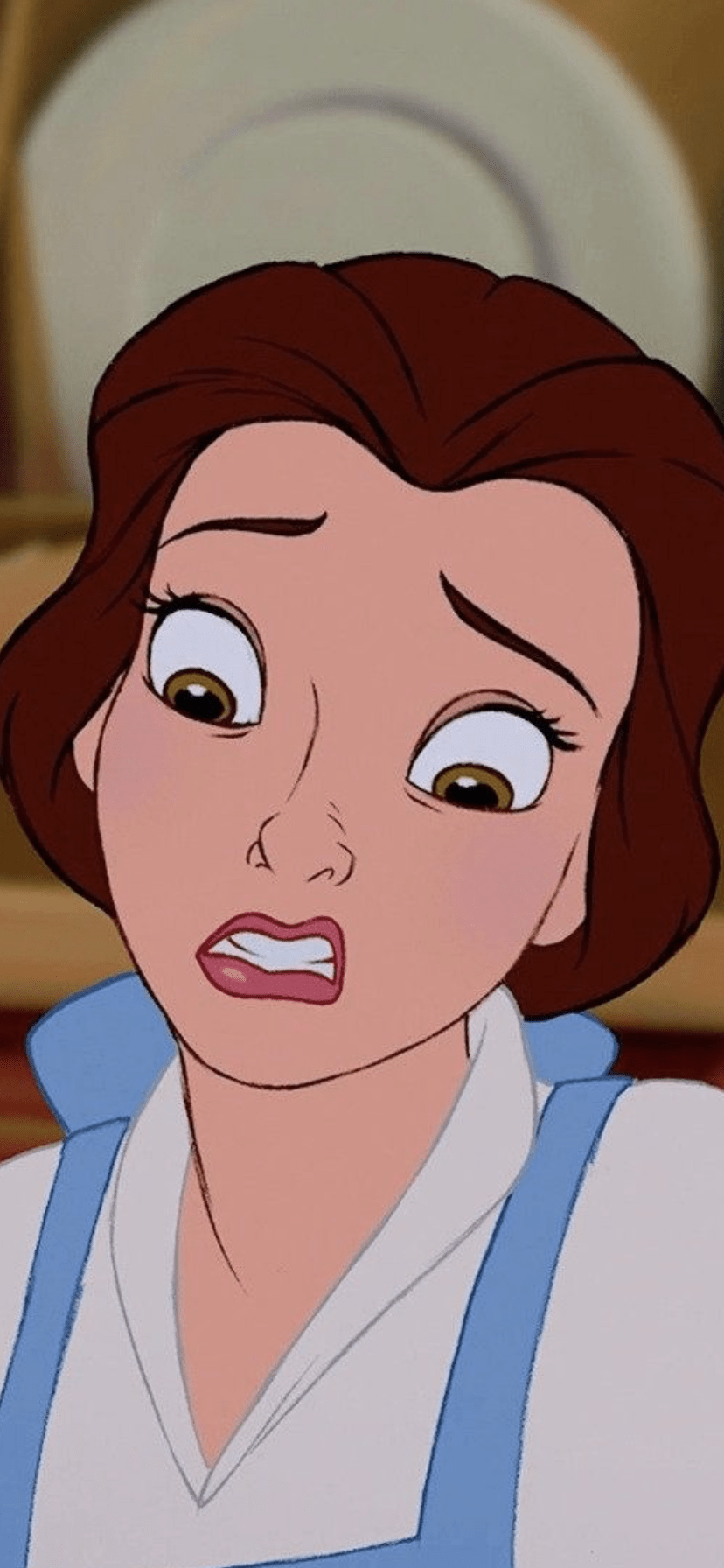 A cartoon character with big eyes is looking at something - Belle