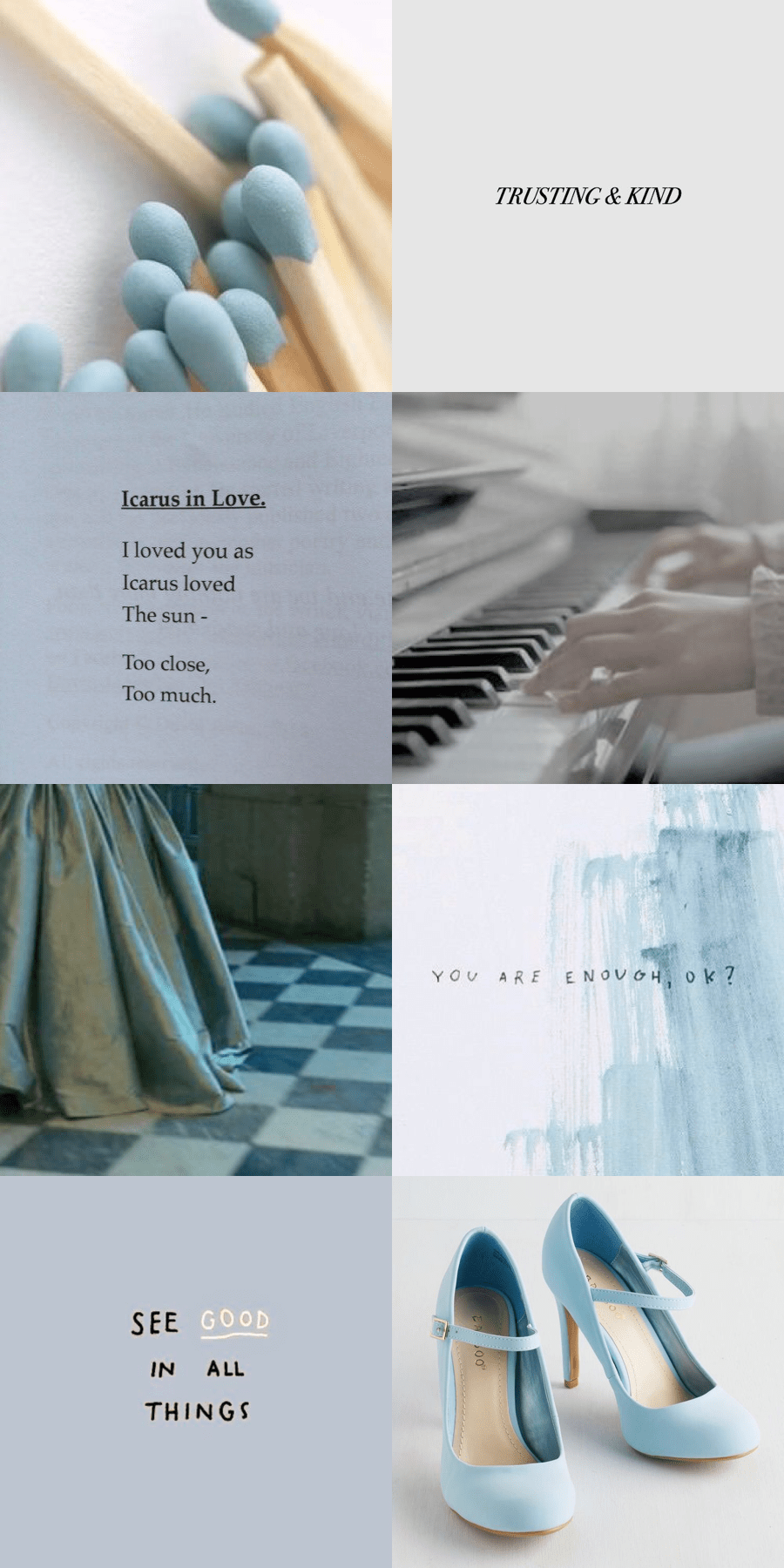 A mood board featuring blue and grey tones, a piano, and a Bible verse from 1 Corinthians. - Hamilton
