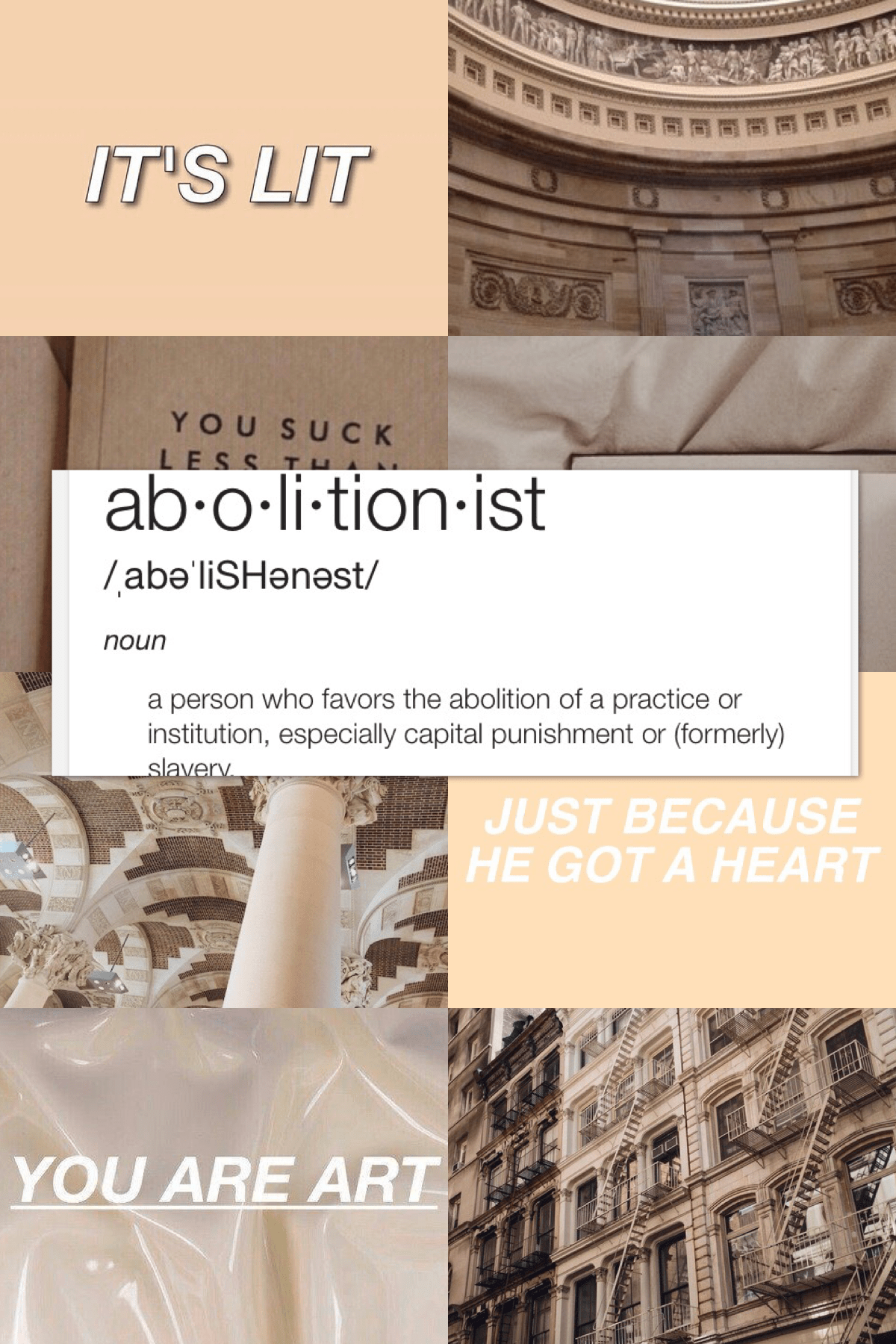 The definition of abolitionist is displayed on a white background with a peach and cream aesthetic. - Hamilton