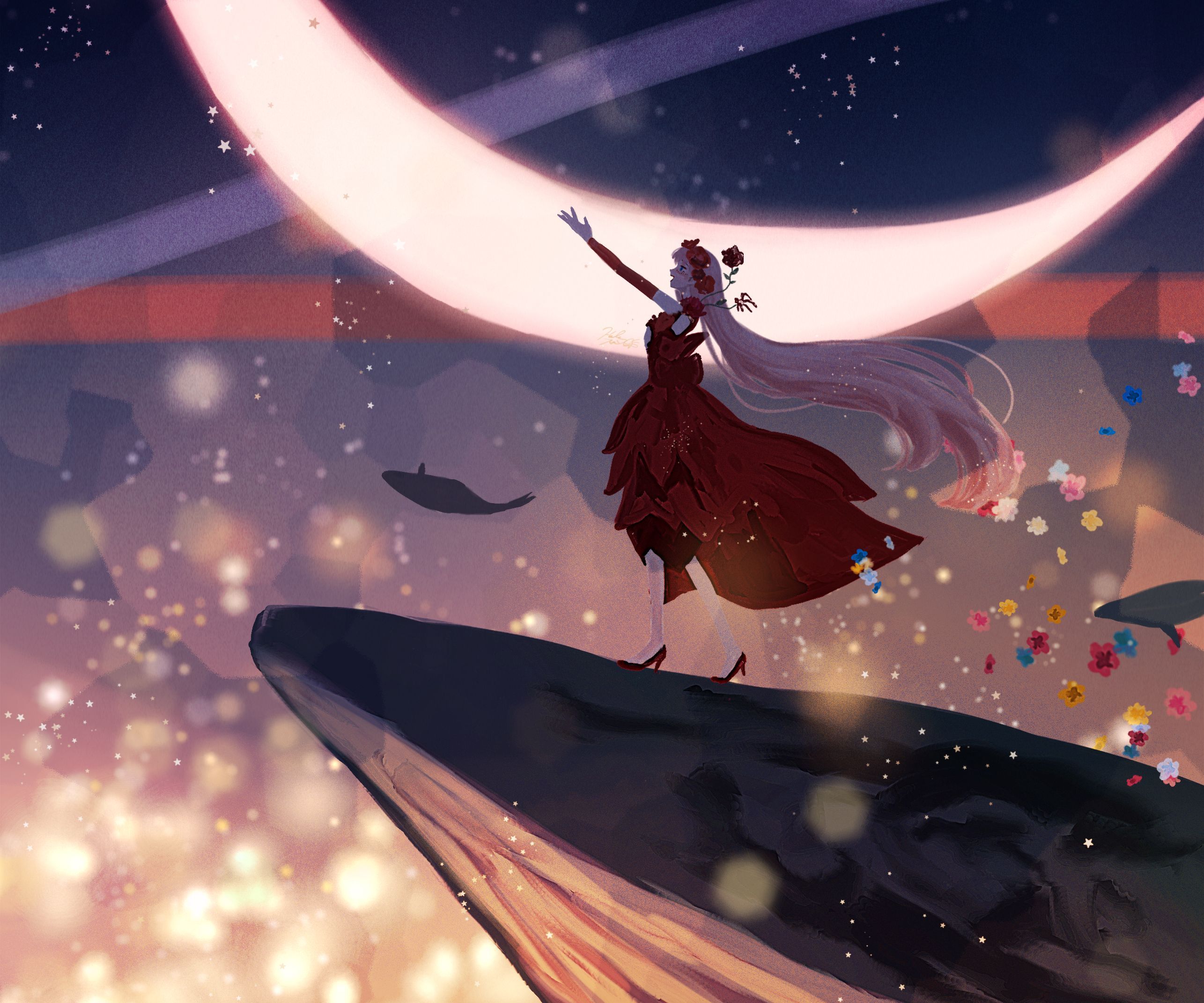 A woman standing on top of something with the moon in front - Belle