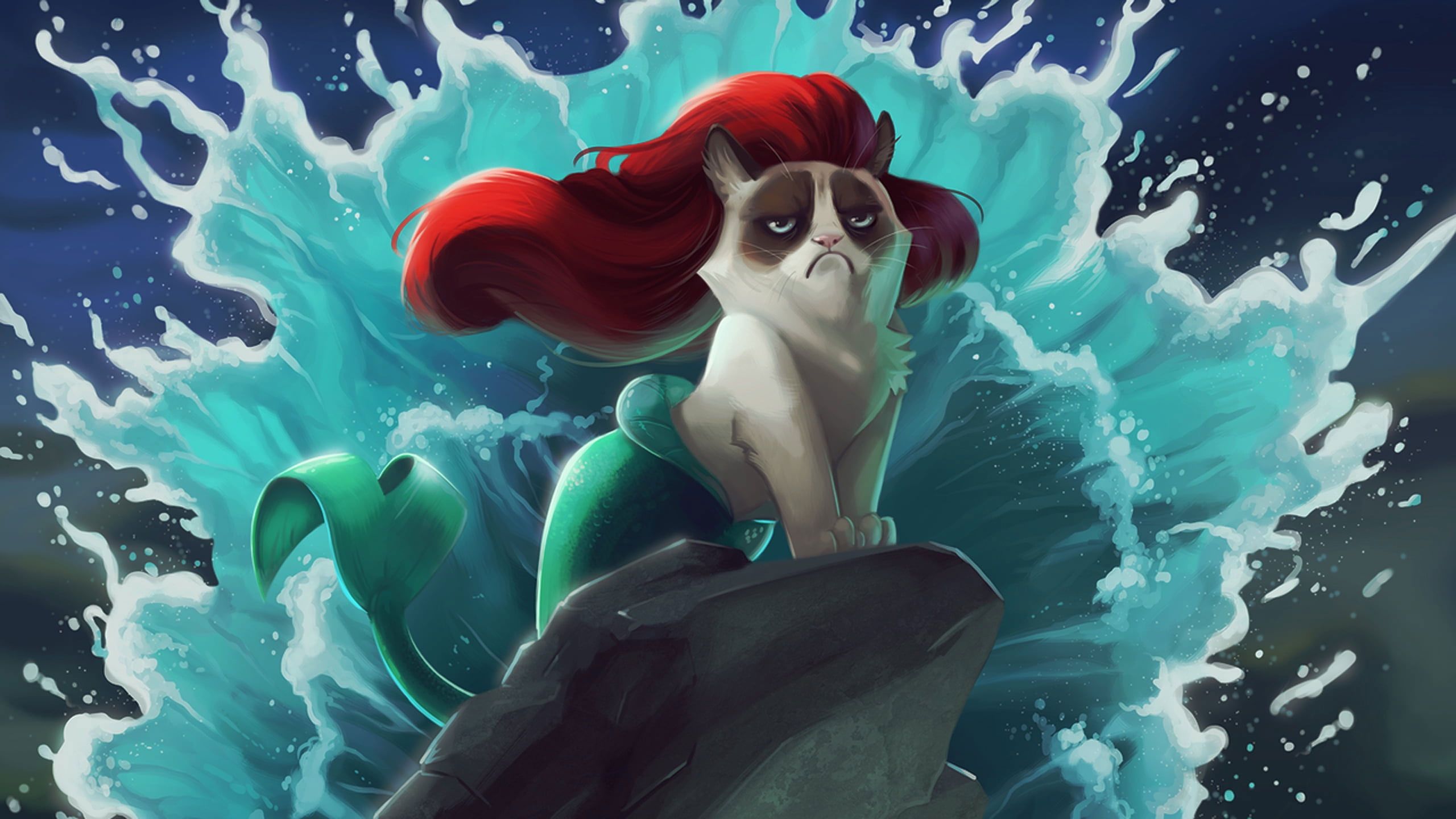 Wallpaper Ariel Grumpy Cat Illustration, Mermaid, Cartoon