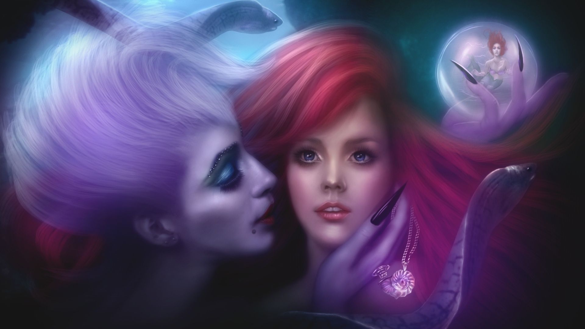 A woman with purple hair and blue eyes is shown in an artistic image - Ariel