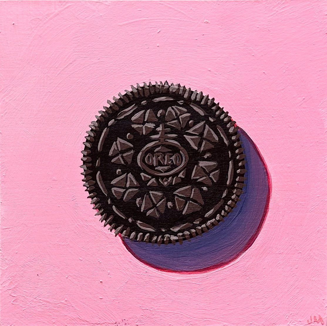 A painting of an Oreo chocolate cookie on a pink background - Oreo
