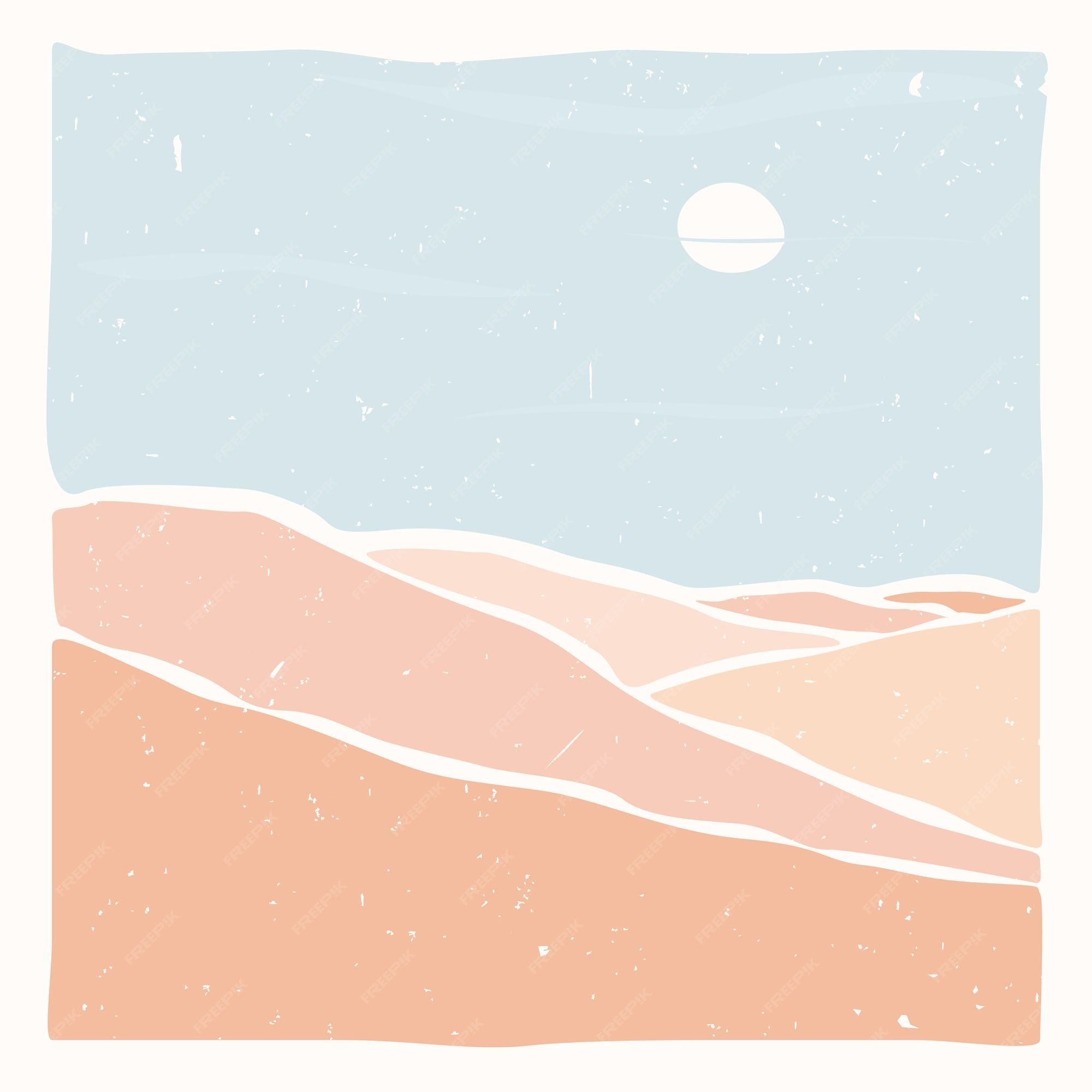 Premium Vector. Boho minimalist landscape minimal scene in desert modern art pastel colors abstract silhouette hills aesthetic mountains stock vector illustration