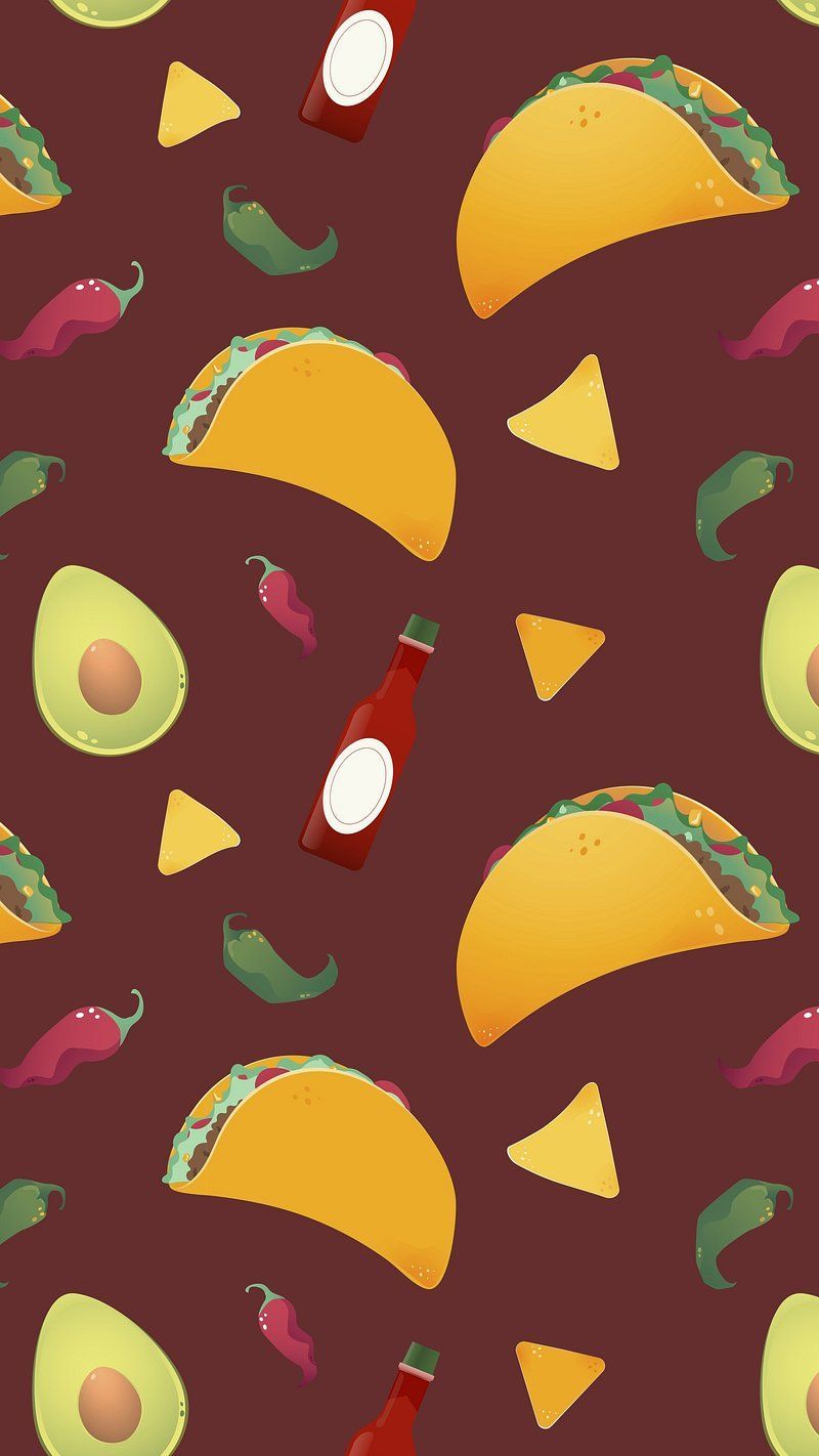 A seamless pattern of tacos, avocado, chips, and hot sauce on a maroon background - Mexico