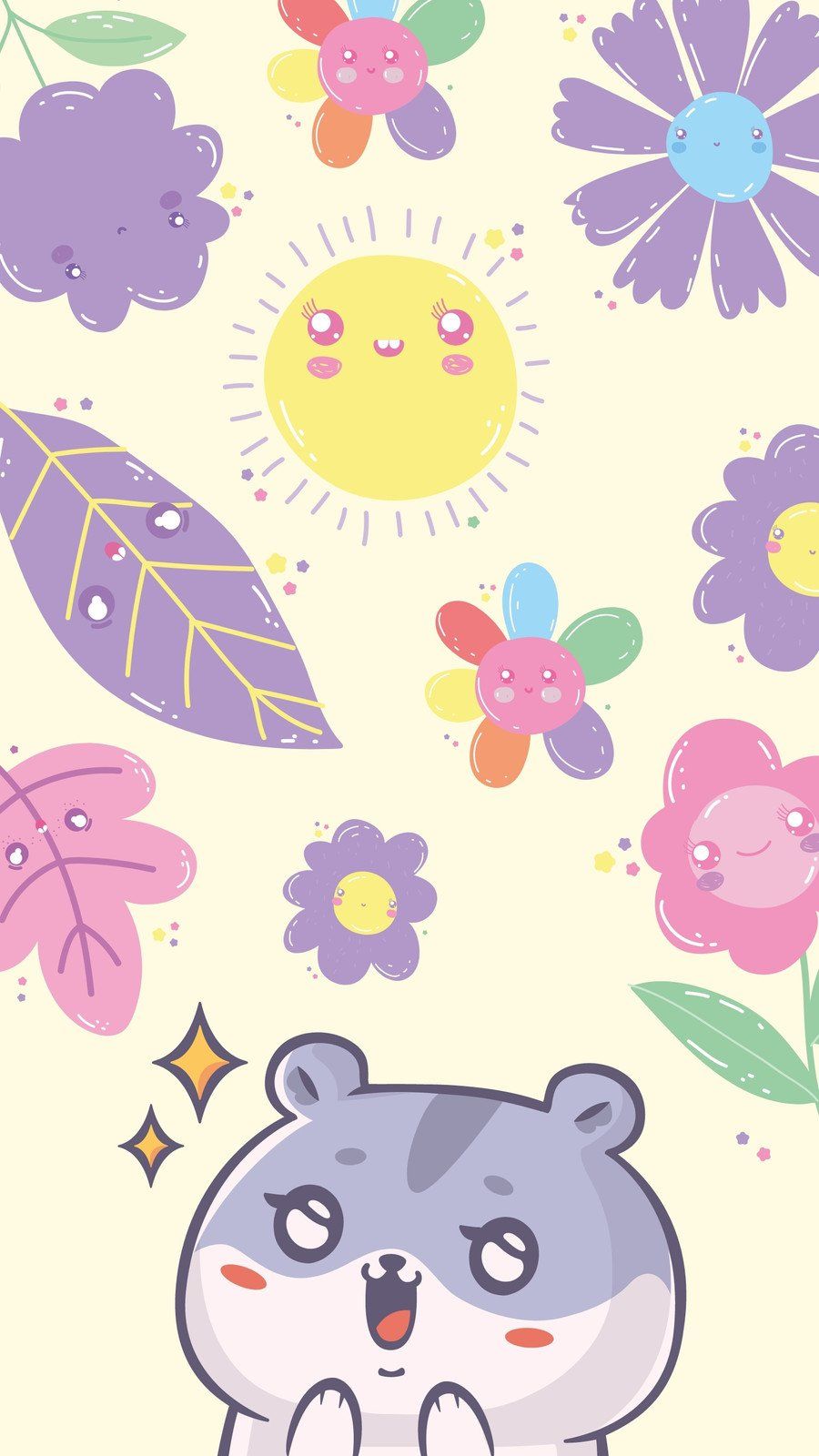 A wallpaper with a kawaii raccoon surrounded by flowers - Kawaii