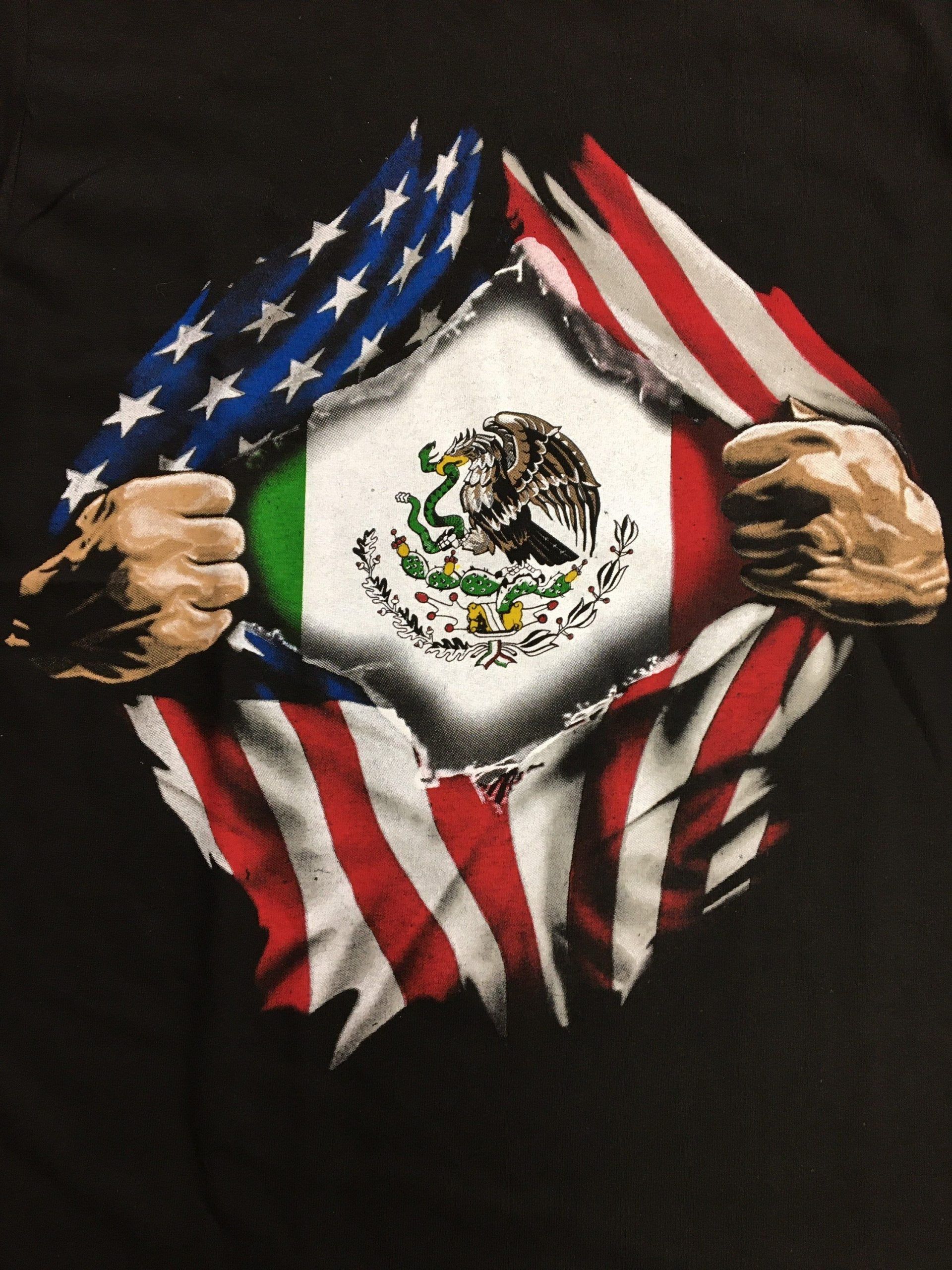 Black shirt with American and Mexican flag printed on the front. - Mexico