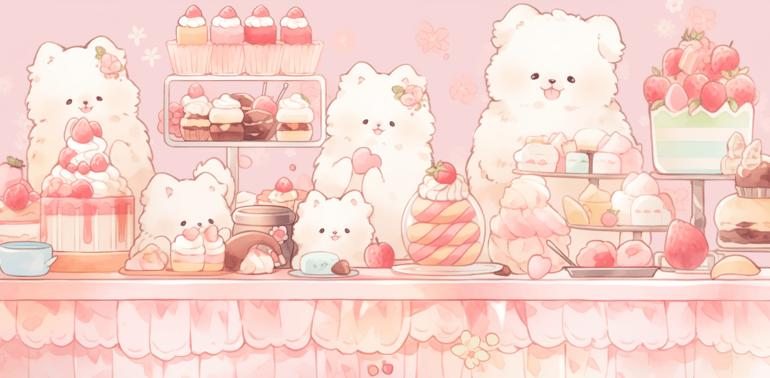 A wallpaper of a cute dog cafe with dogs and cakes - Kawaii