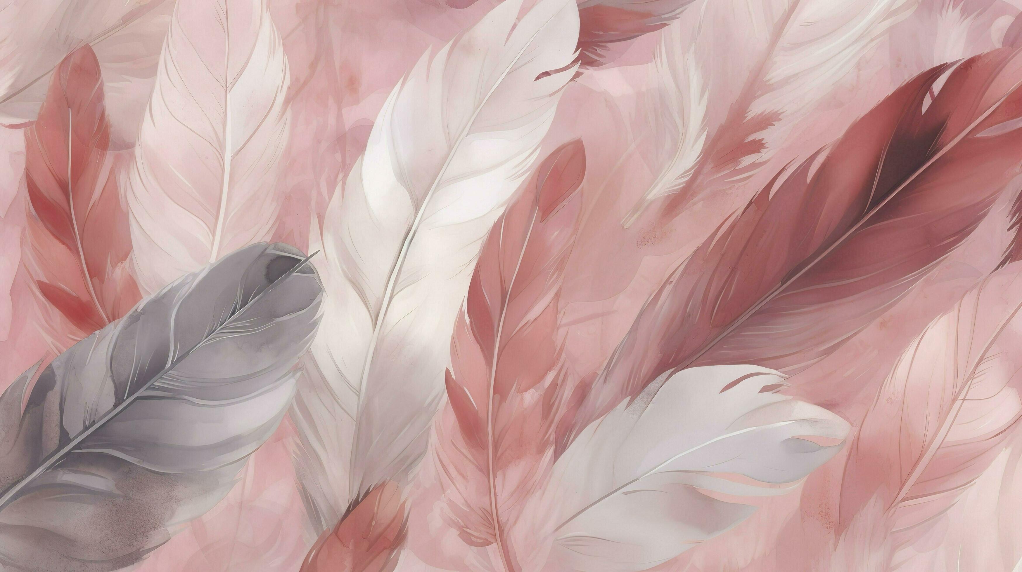 coloured feathers in pink on the background, in the style of subtle shading, anime aesthetic, wallpaper, pigeoncore, free brushwork, translucent color