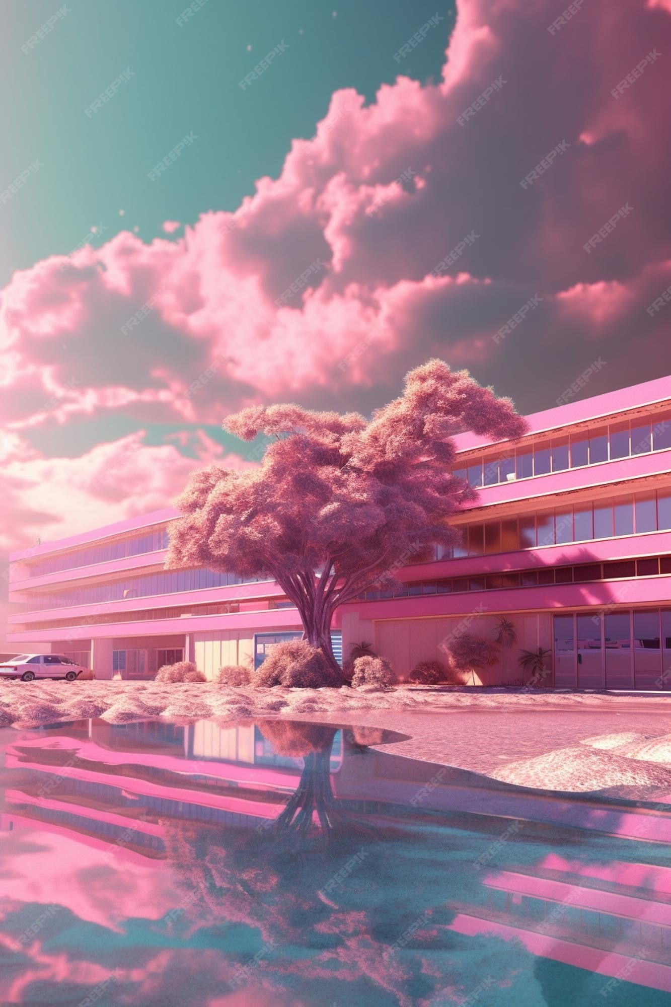 A pink tree in front of a pink building - Pink anime