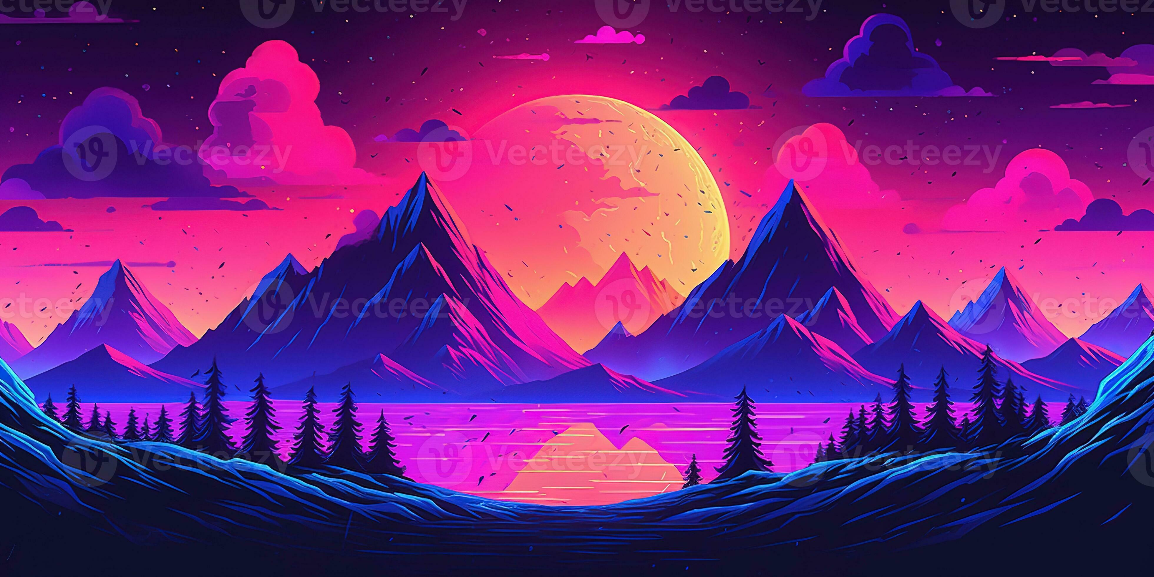 Aesthetic mountain synthwave retrowave wallpaper with a cool and vibrant neon design