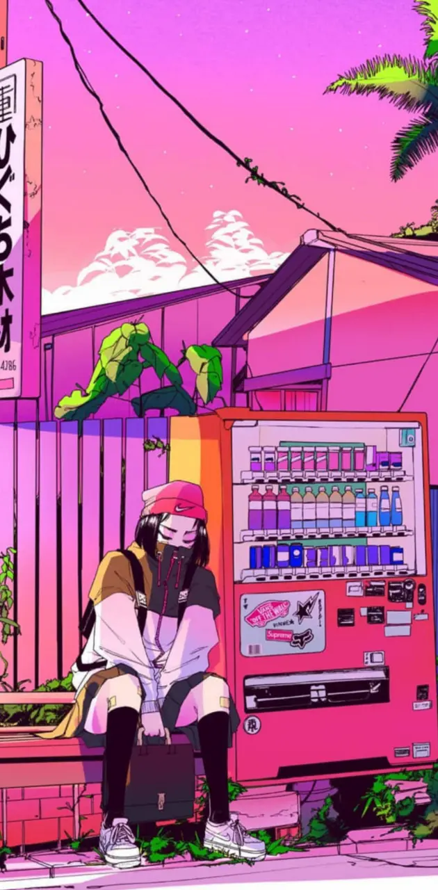 Aesthetic anime girl sitting on a vending machine - Pink anime