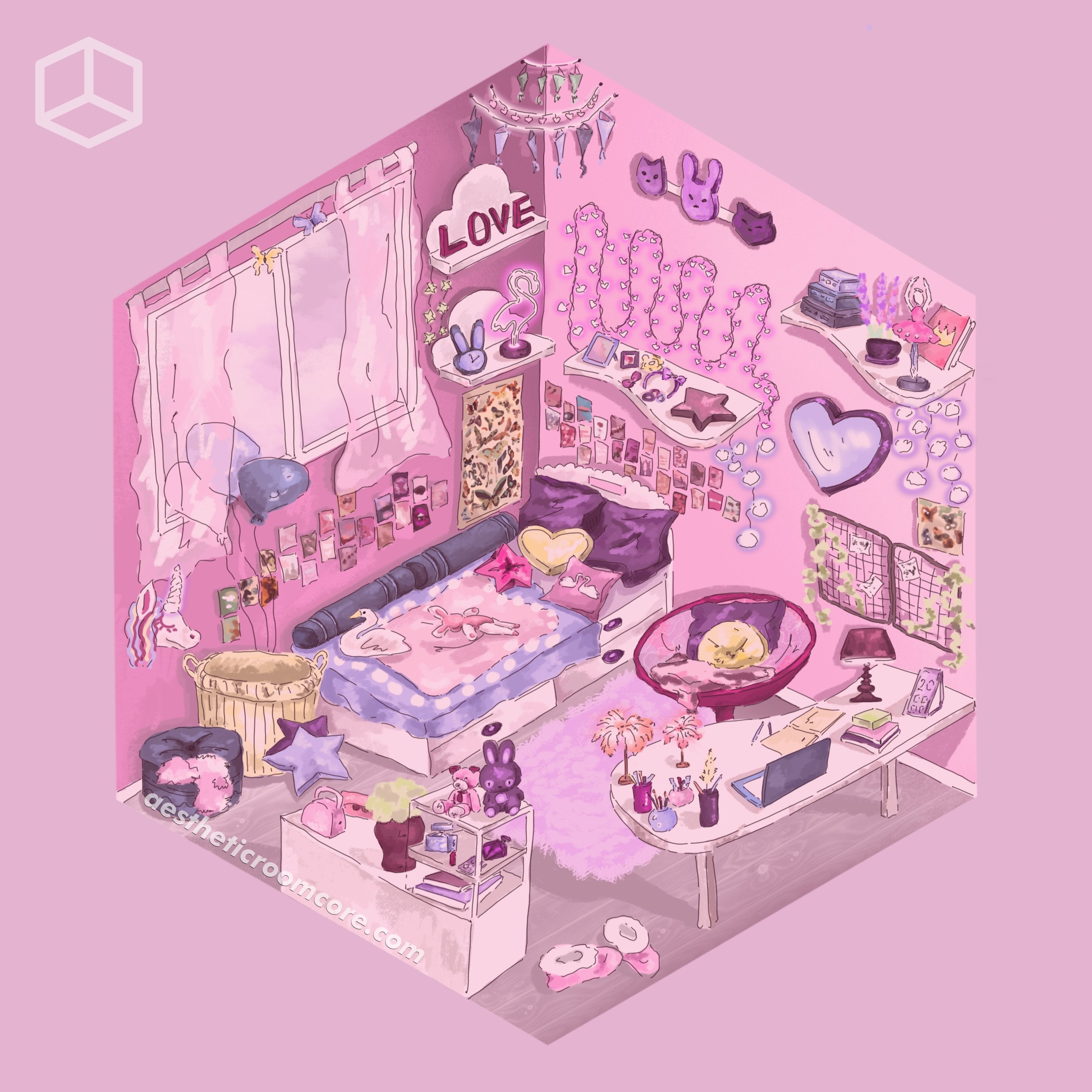 A cute pink room with a bed, desk, and lots of decorations. - Kawaii