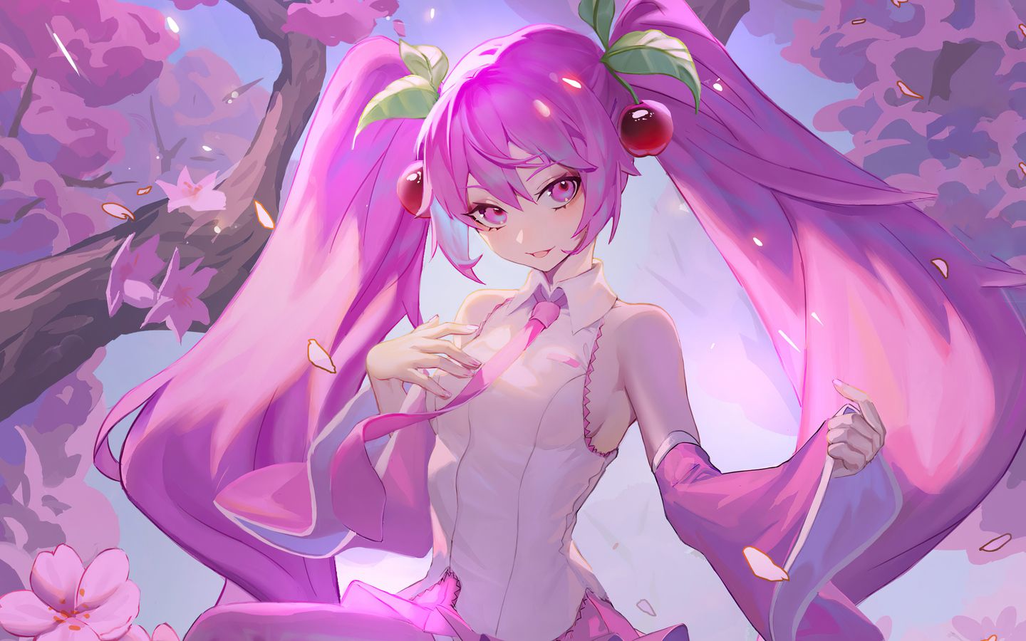 A pink-haired anime girl with a cherry blossom branch in her hair - Pink anime