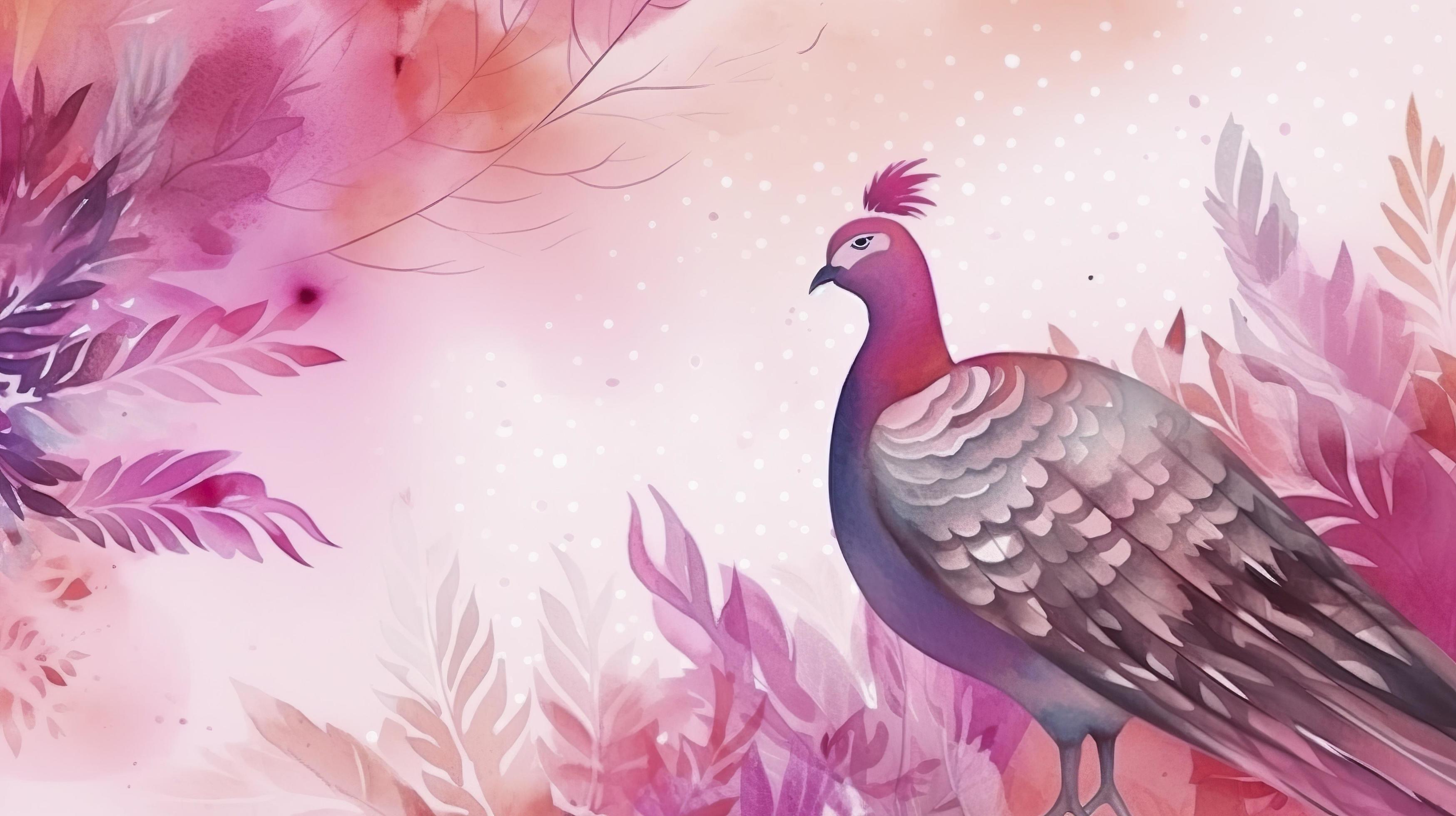 A watercolor illustration of a colorful bird in a pink and purple environment. - Pink anime, peacock