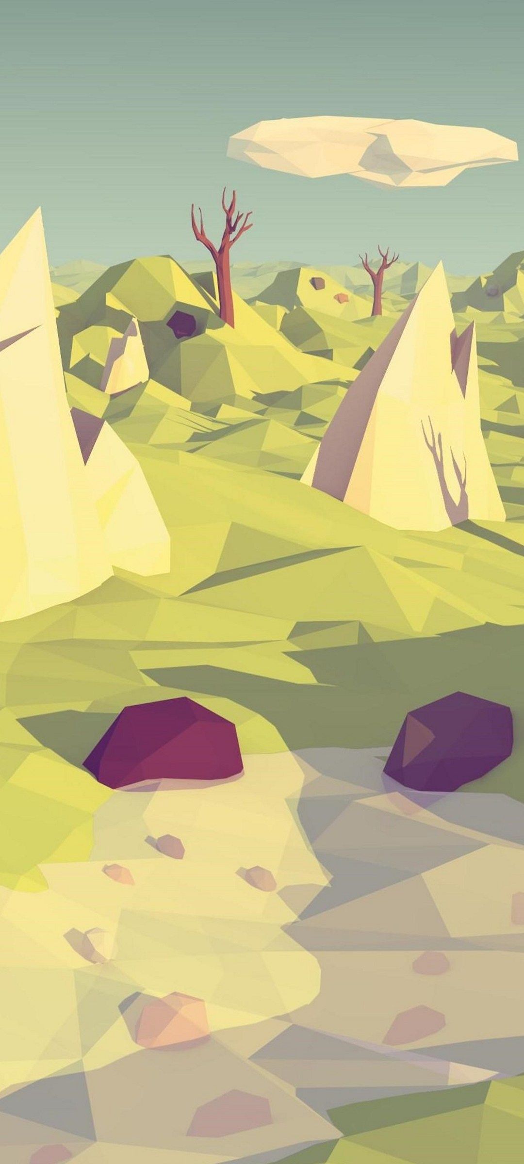 A low poly illustration of a desert landscape with rocks and trees - 1080x2400, low poly